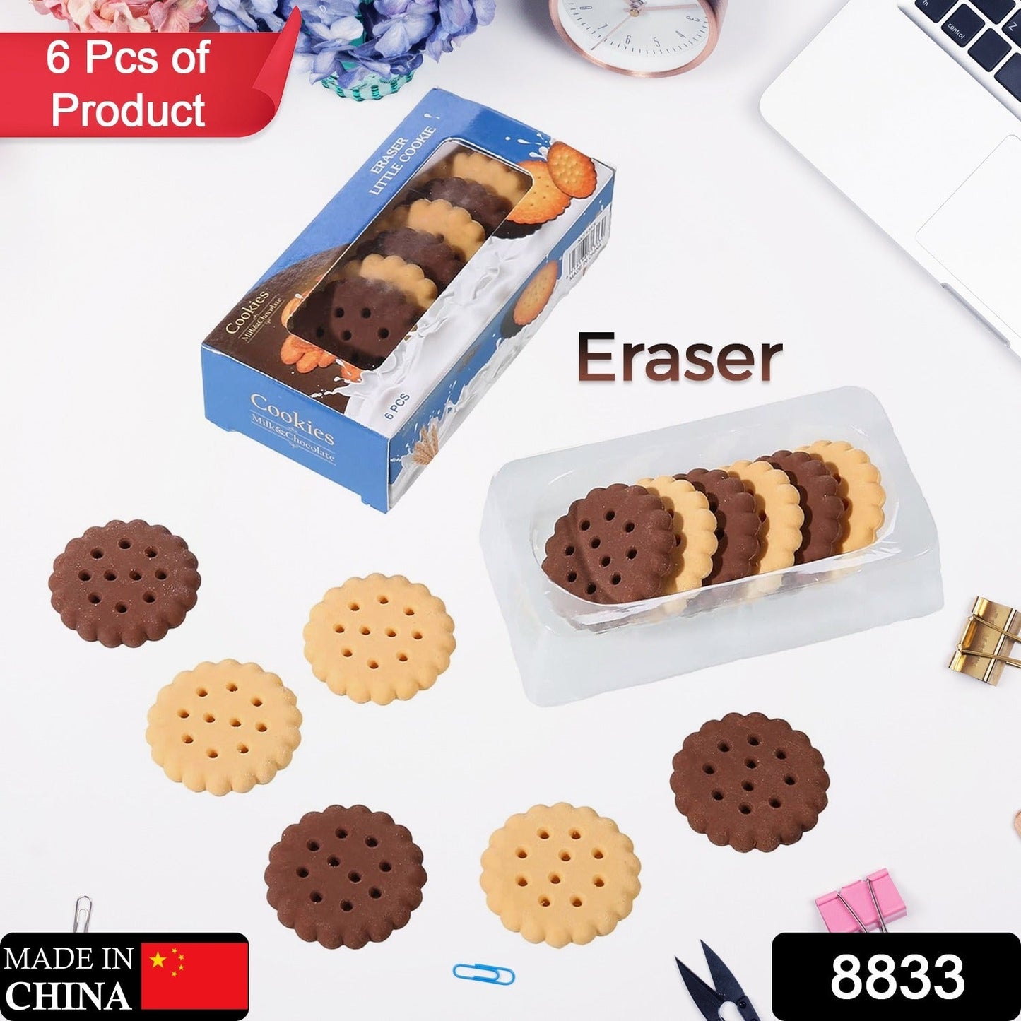 Close-up of individual biscuit erasers, highlighting their realistic texture and design.