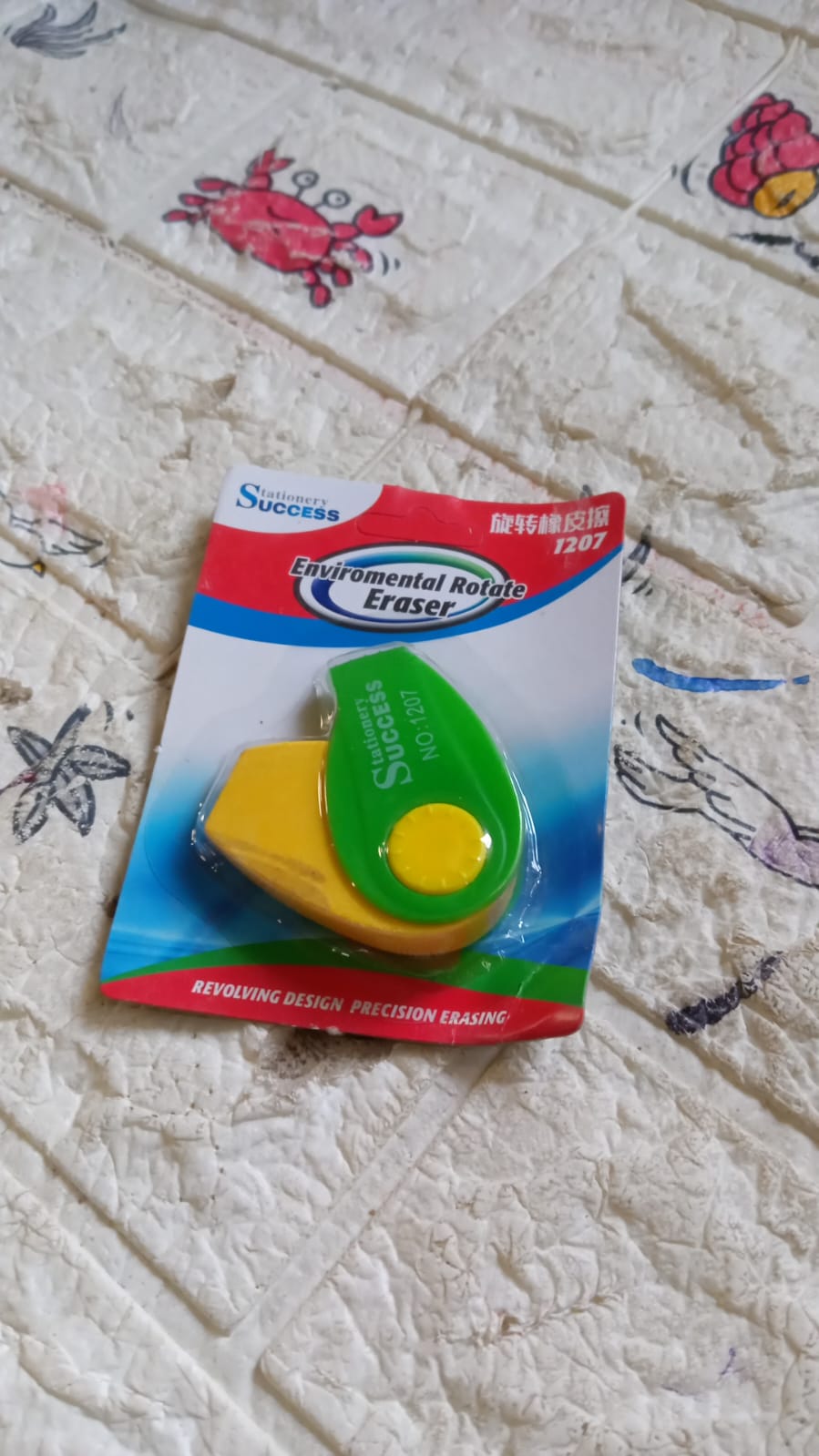 Packaging for the Writezo Kids Spinner Eraser, highlighting its fun and clean features.