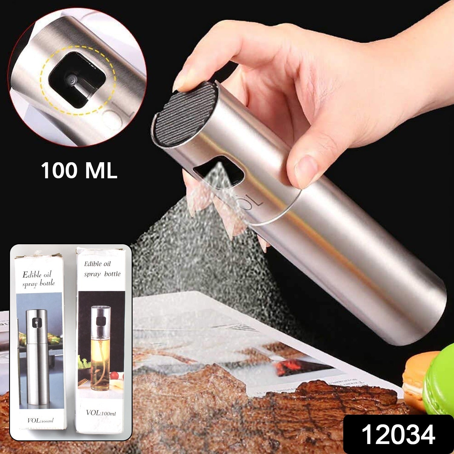 Easy-to-use oil spray bottle with transparent glass for kitchen.
