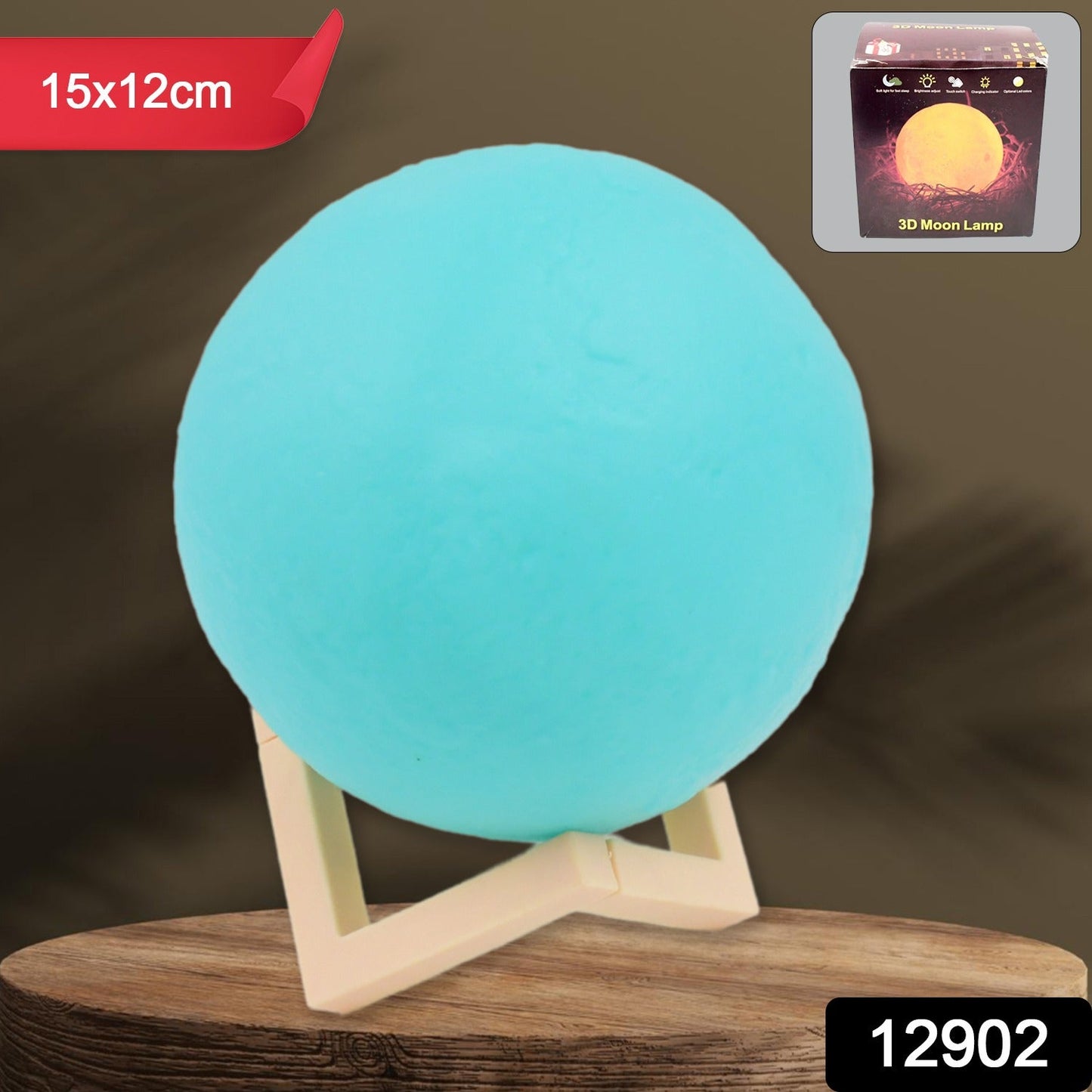 Close-up of the blue Moon Night Lamp with its sturdy plastic stand, showcasing the detailed 3D texture.