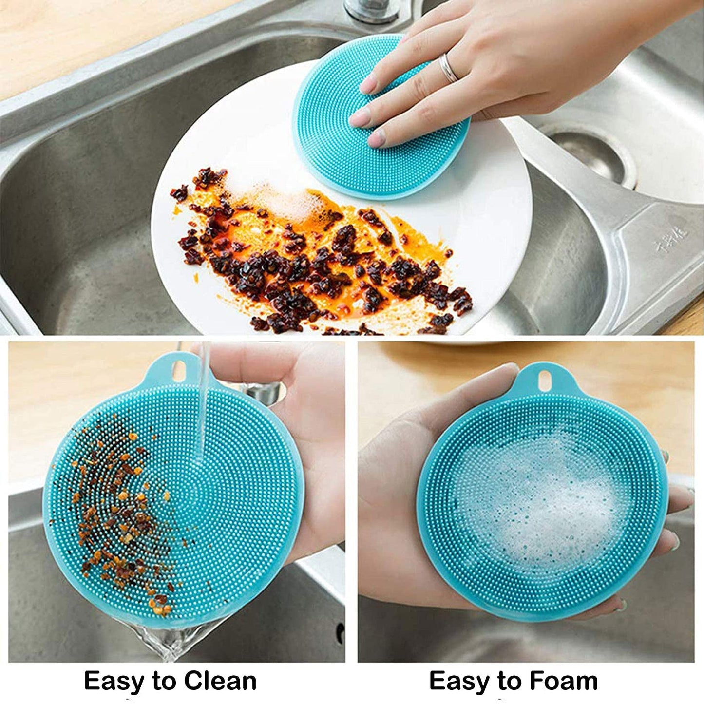 Multiple colorful silicone scrubber sponges for dishes, demonstrating their non-stick and quick-drying properties.