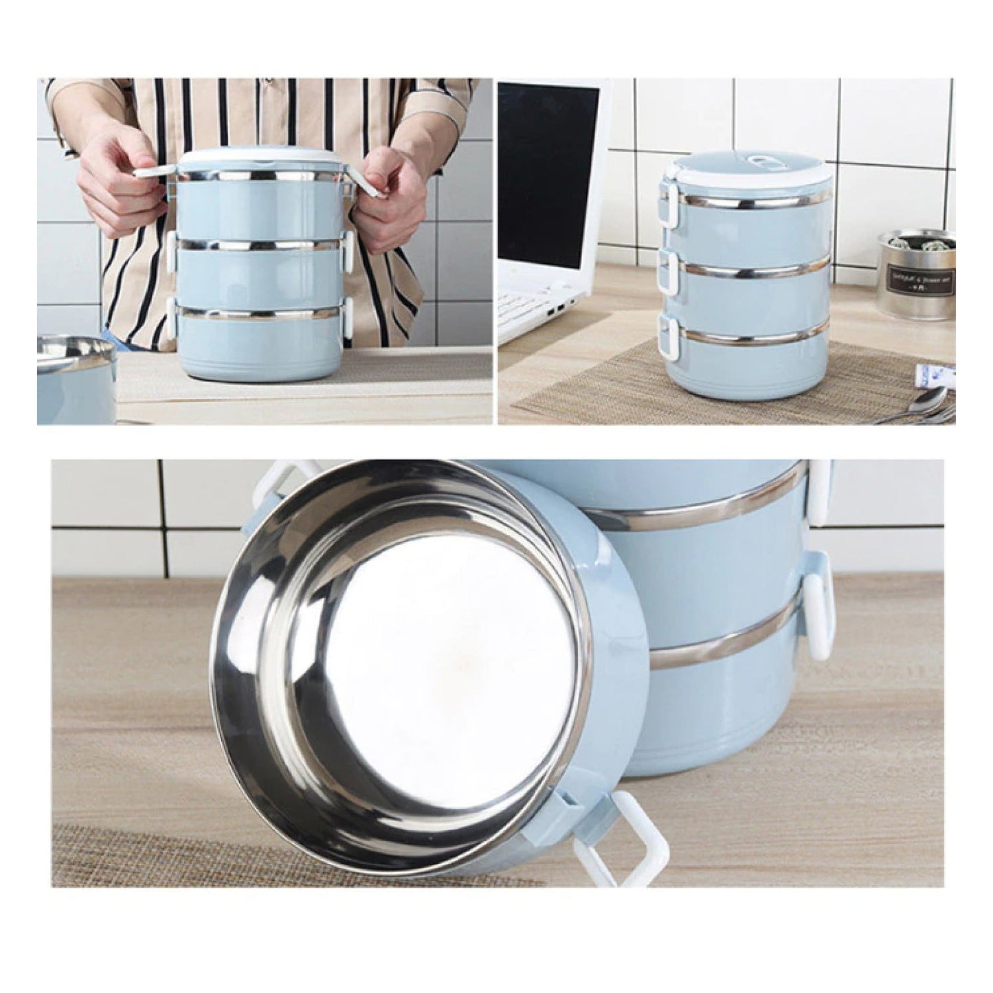 Three-layer stainless steel lunch box with multiple compartments, ideal for office or school.