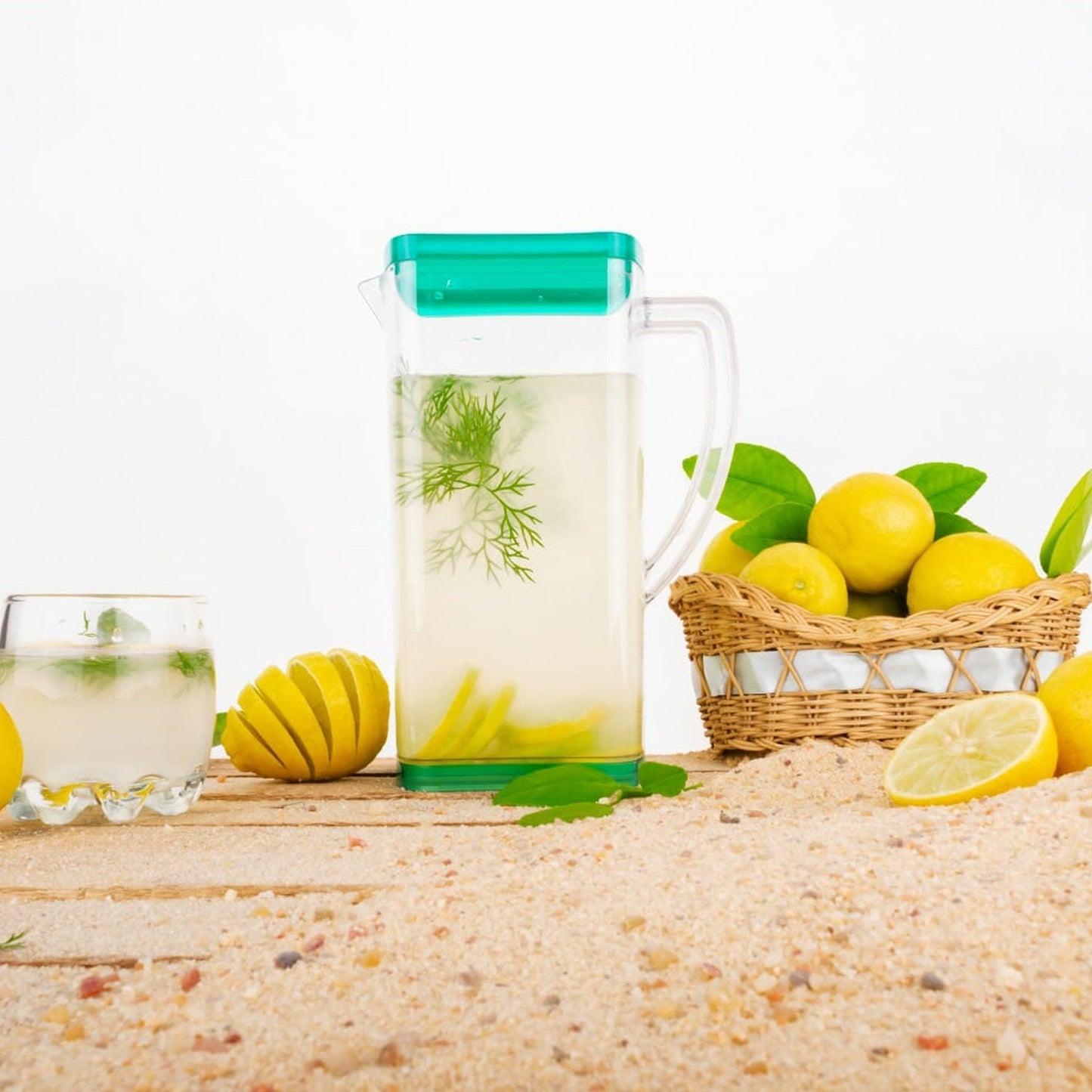 Clear plastic jug with six glasses, a practical choice for any Indian home.