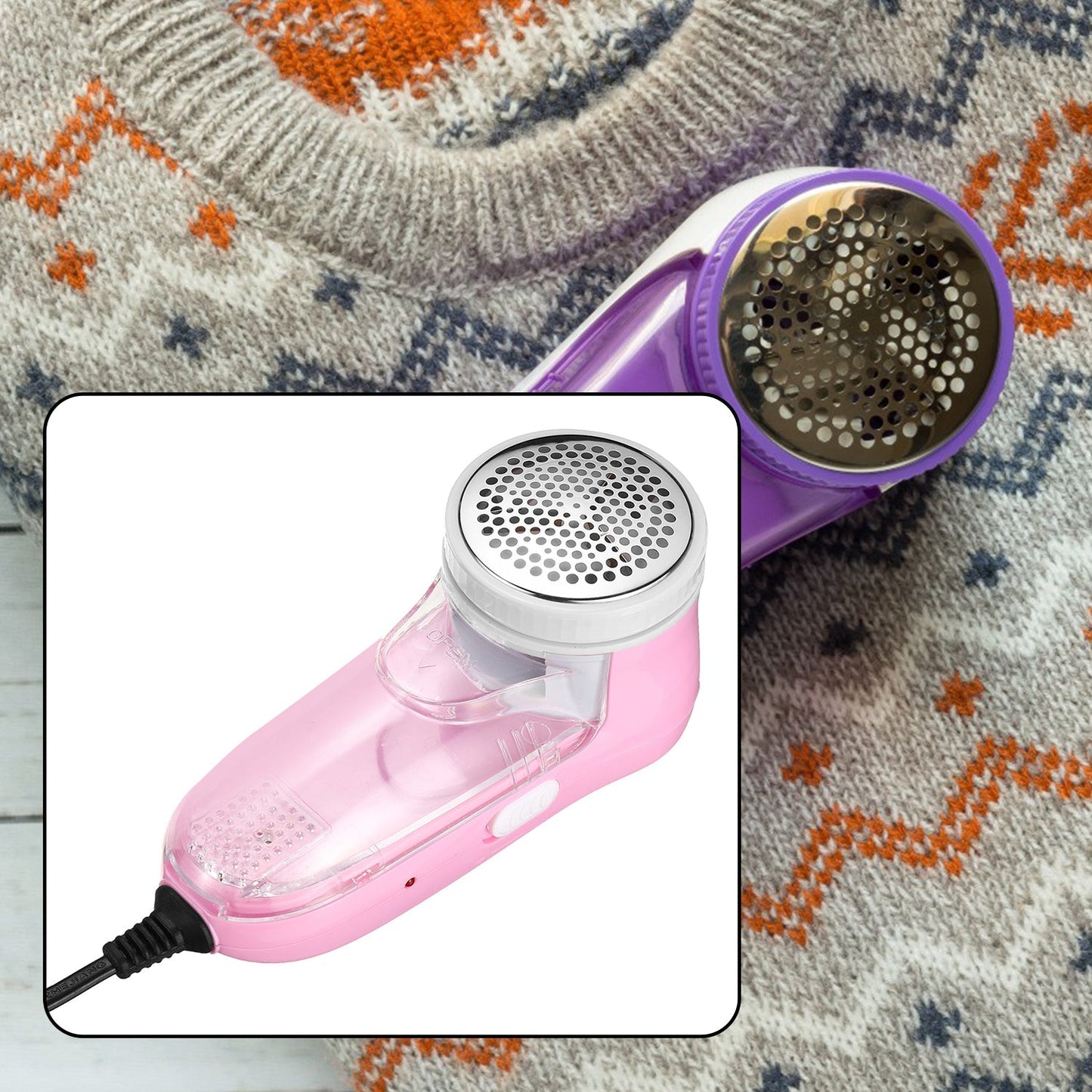 Corded lint remover with an ergonomic handle, ready to refresh woolen garments.