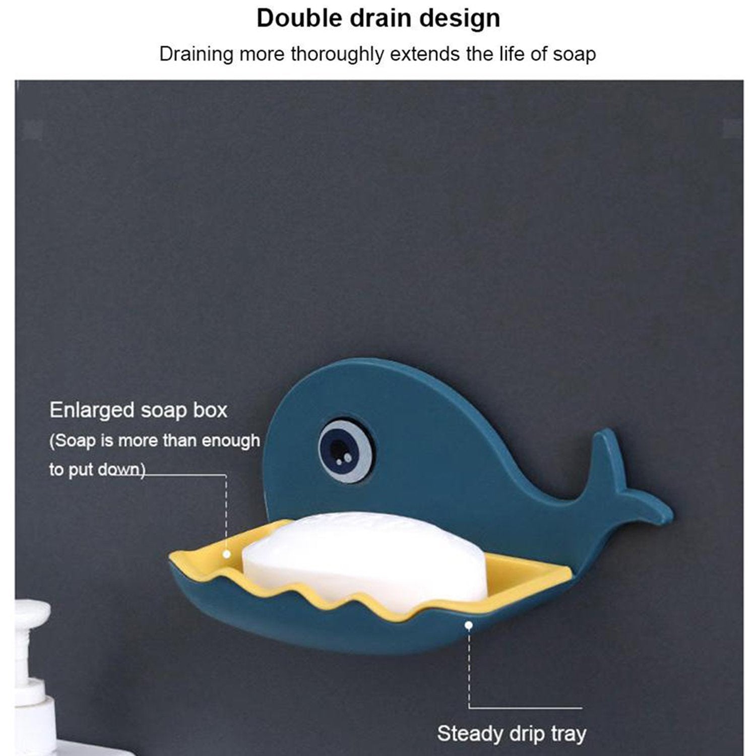Fish shape soap dish holding a bar of soap, illustrating its perfect fit and wall adhesion.