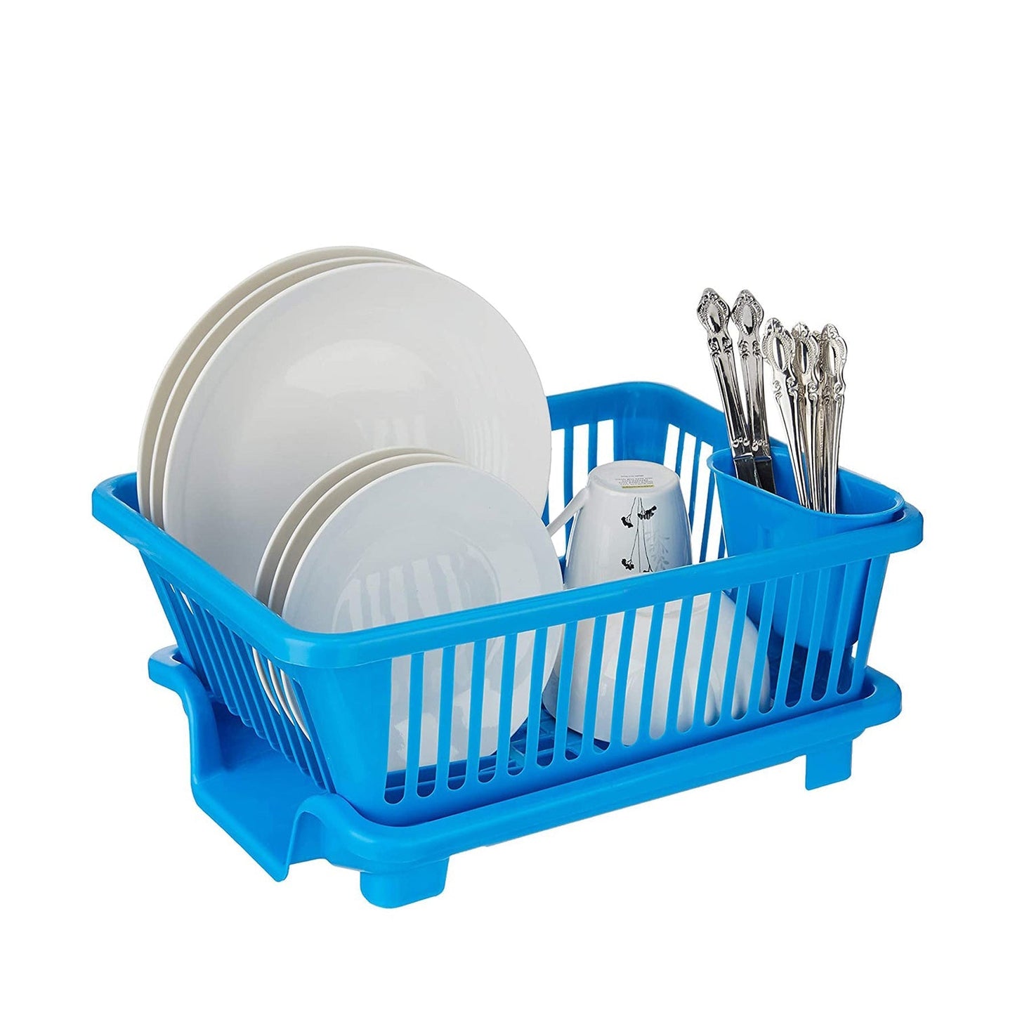 Close-up of the durable plastic dish rack ready for drying dishes and cutlery.