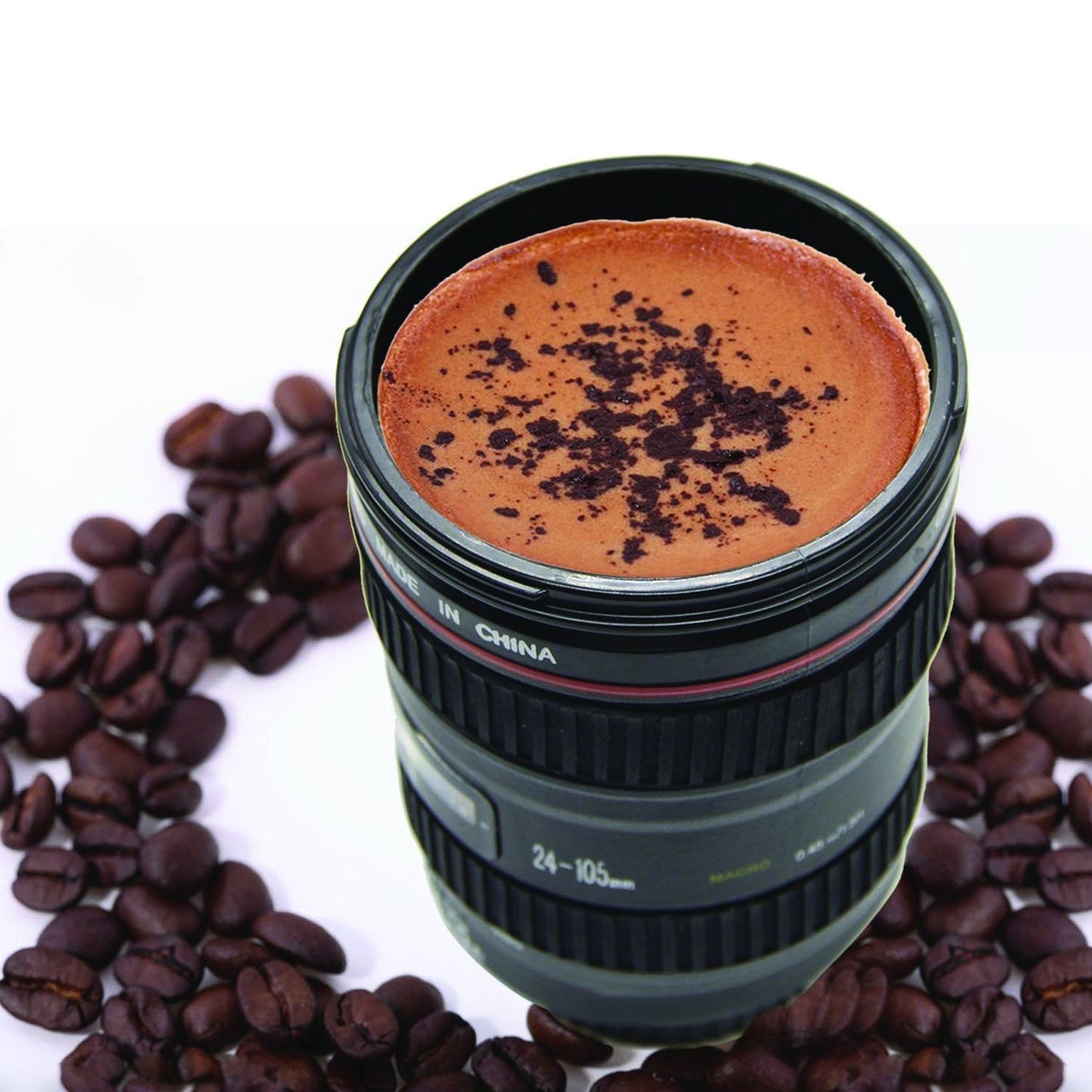Side view of the camera lens coffee mug showcasing its textured grip and lid.