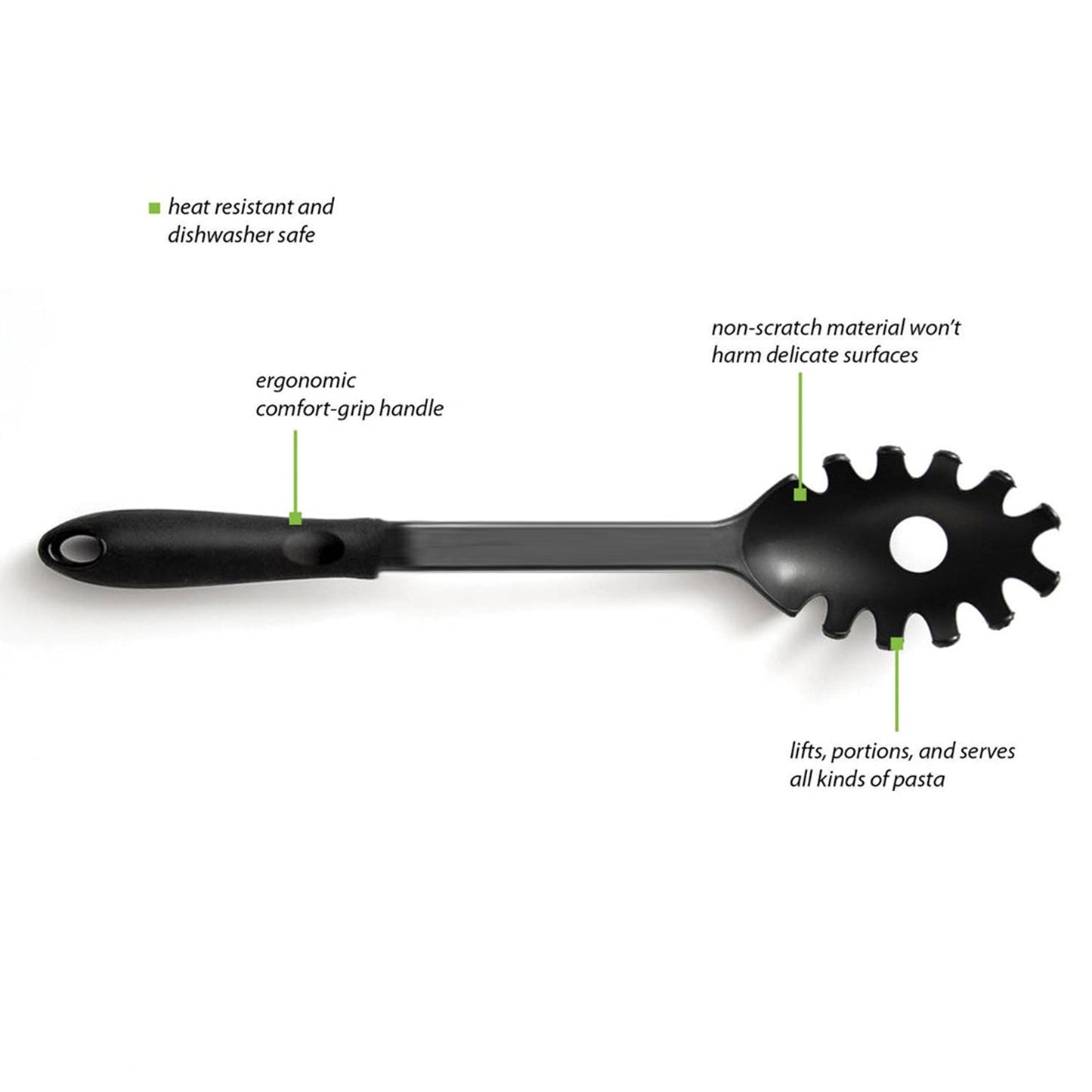 Studio shot of a black heat-resistant pasta server, highlighting its durable nylon construction.