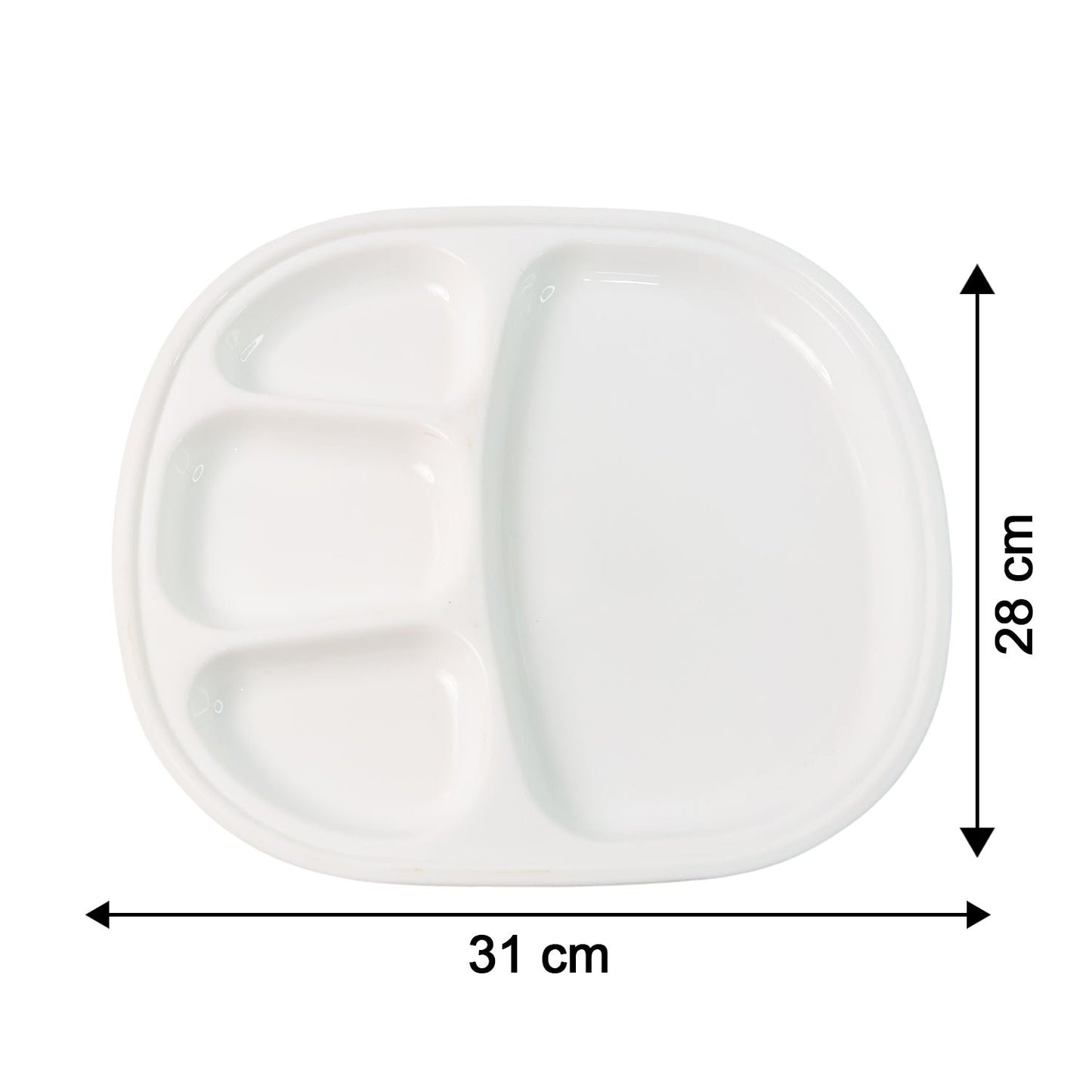 Dinner plate showing size dimensions 31x28 cm in white plastic
