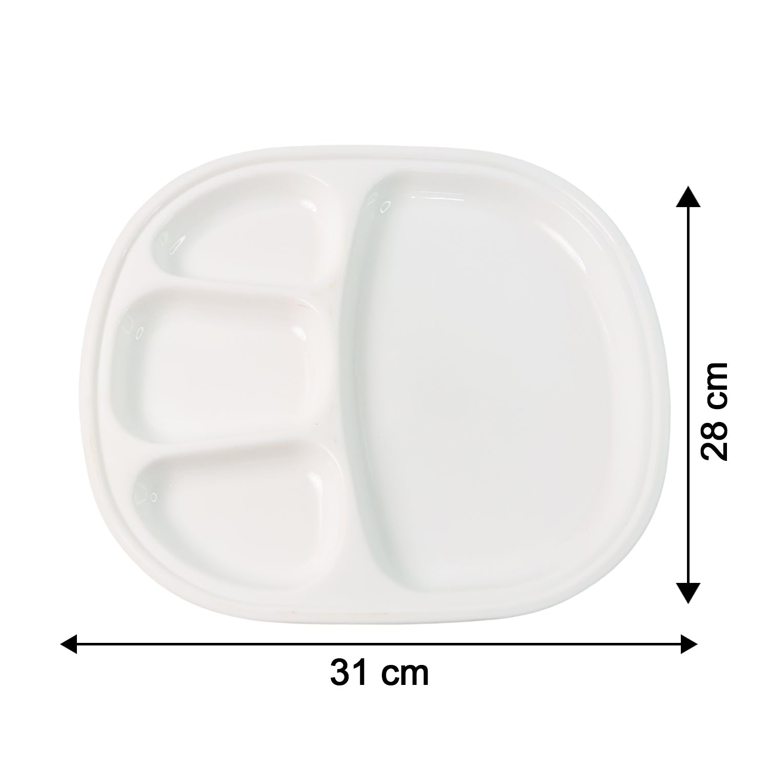 Dinner plate showing size dimensions 31x28 cm in white plastic
