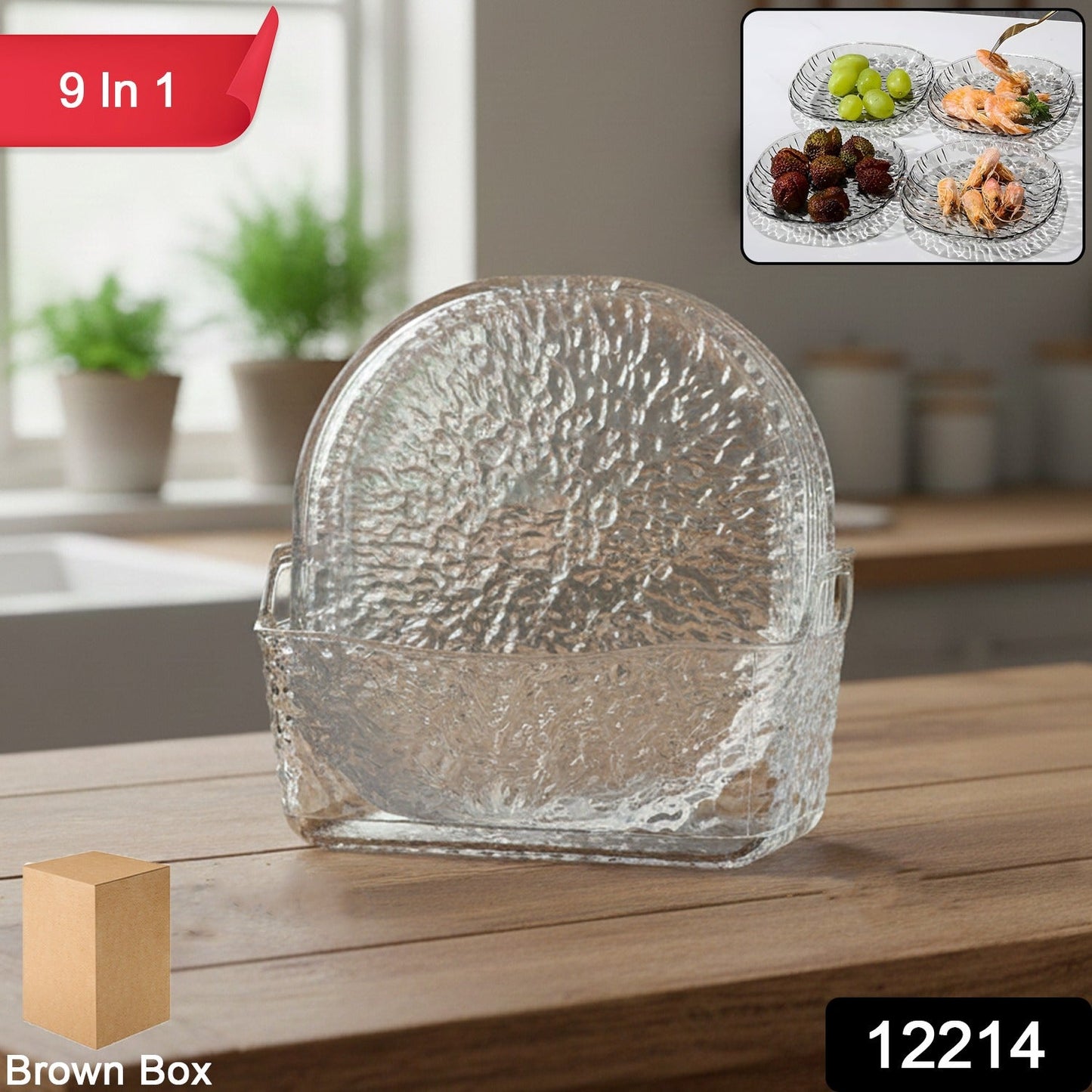 Crystal glass snack serving plates set neatly arranged with snacks and fruits