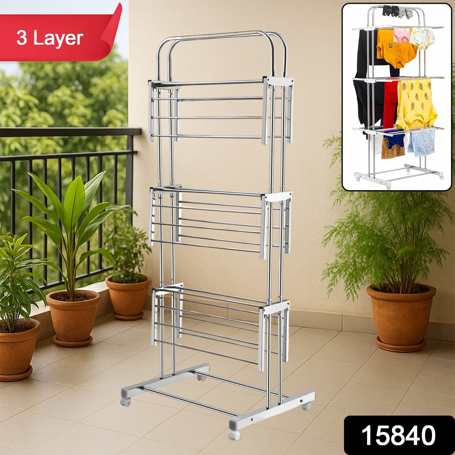 Foldable stainless steel clothes drying stand showing durable construction