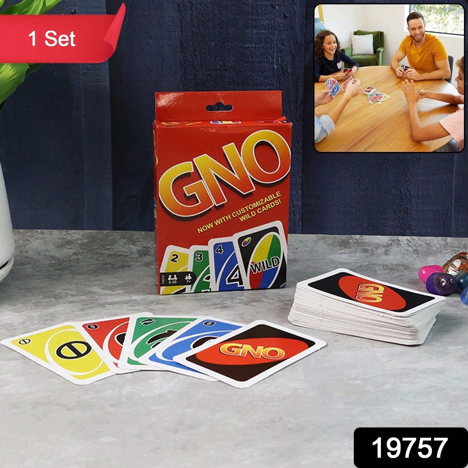 Close-up of GNO playing card game with special action cards visible