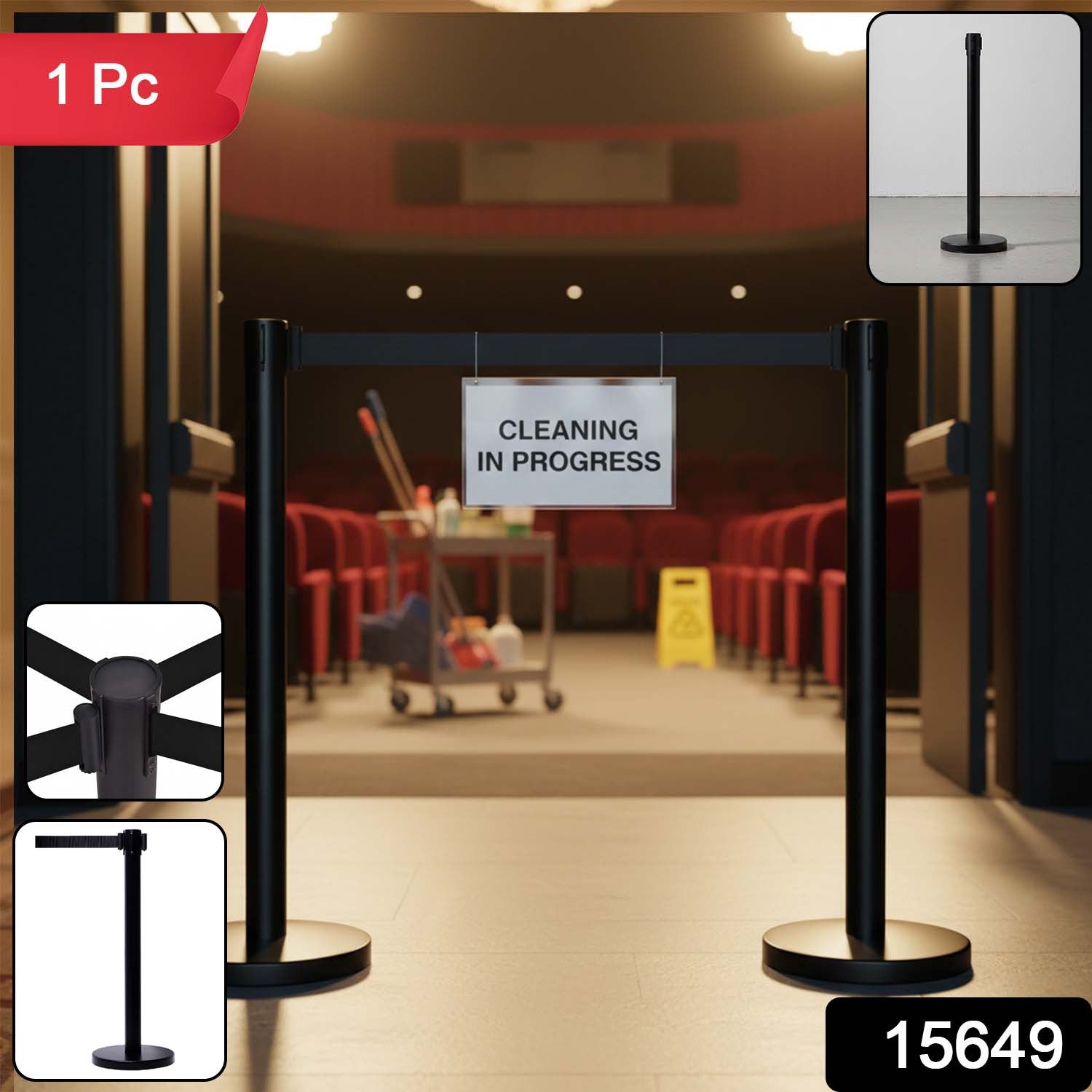 Barrier stand crowd control pole with retractable belt in commercial setting
