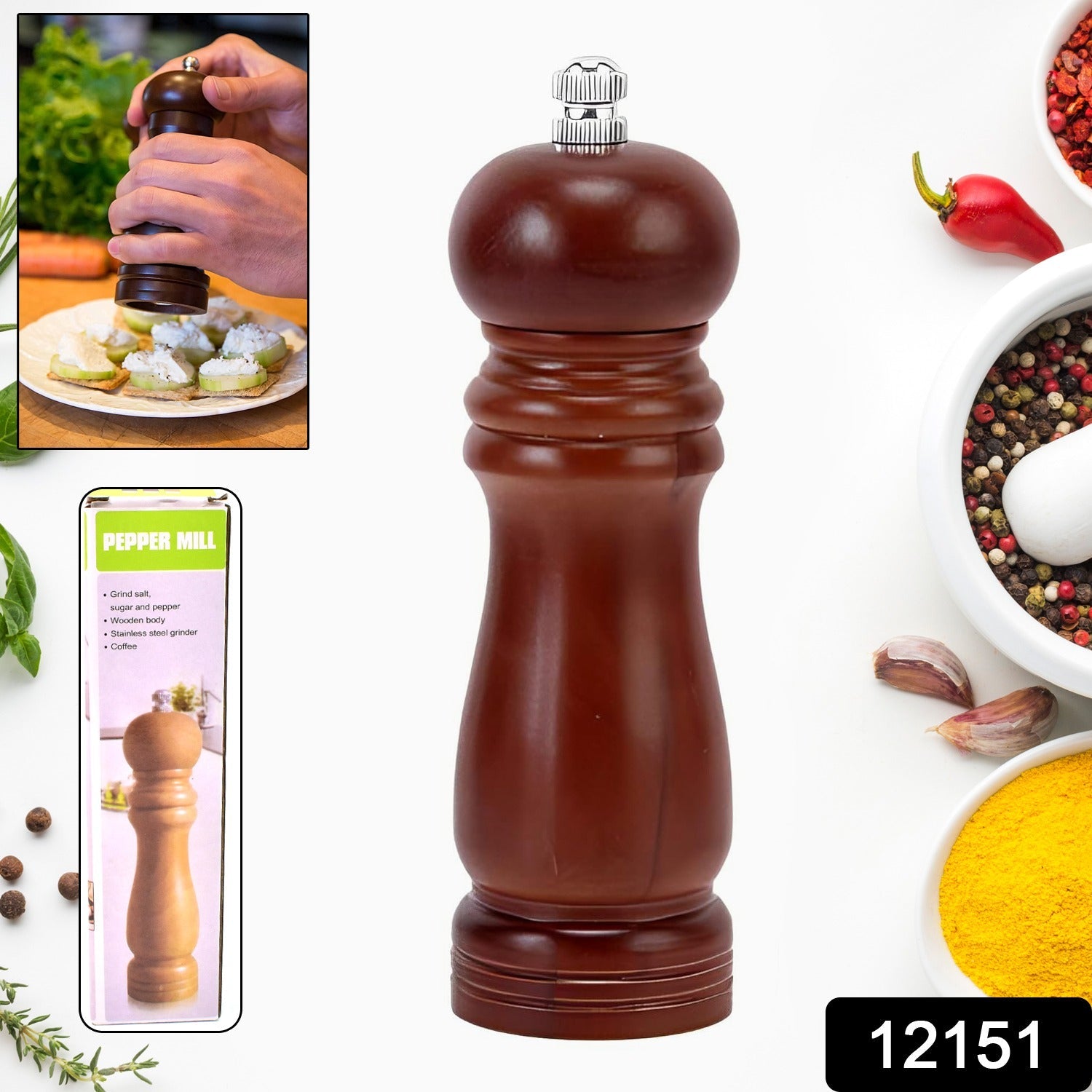 Close-up view of a classic wooden pepper mill, showcasing its natural grain and smooth finish.