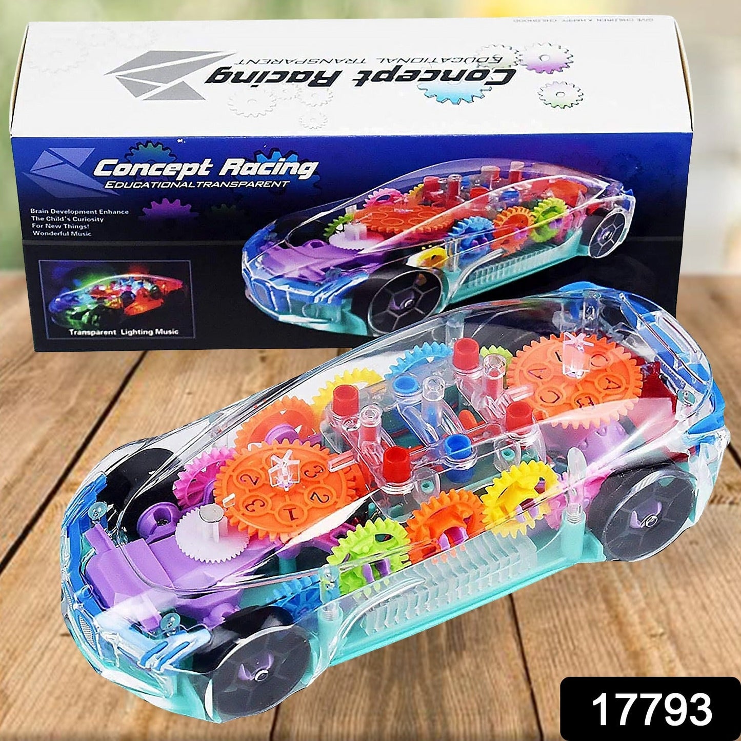 Side view of the musical gear car toy, showcasing its transparent design and vibrant lights.