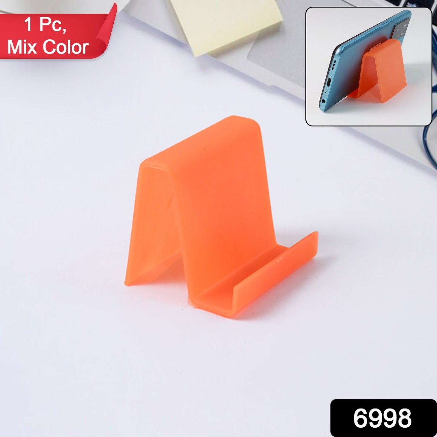 Plastic phone stand holding smartphone securely on desk