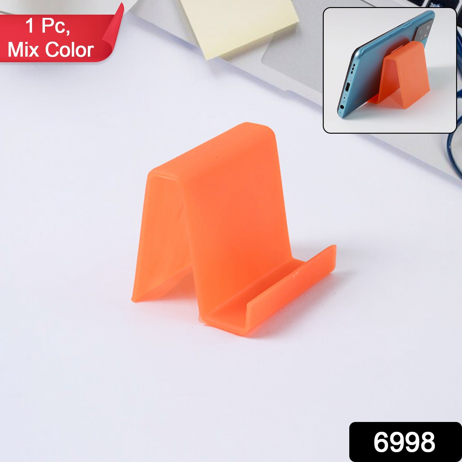 Plastic phone stand holding smartphone securely on desk