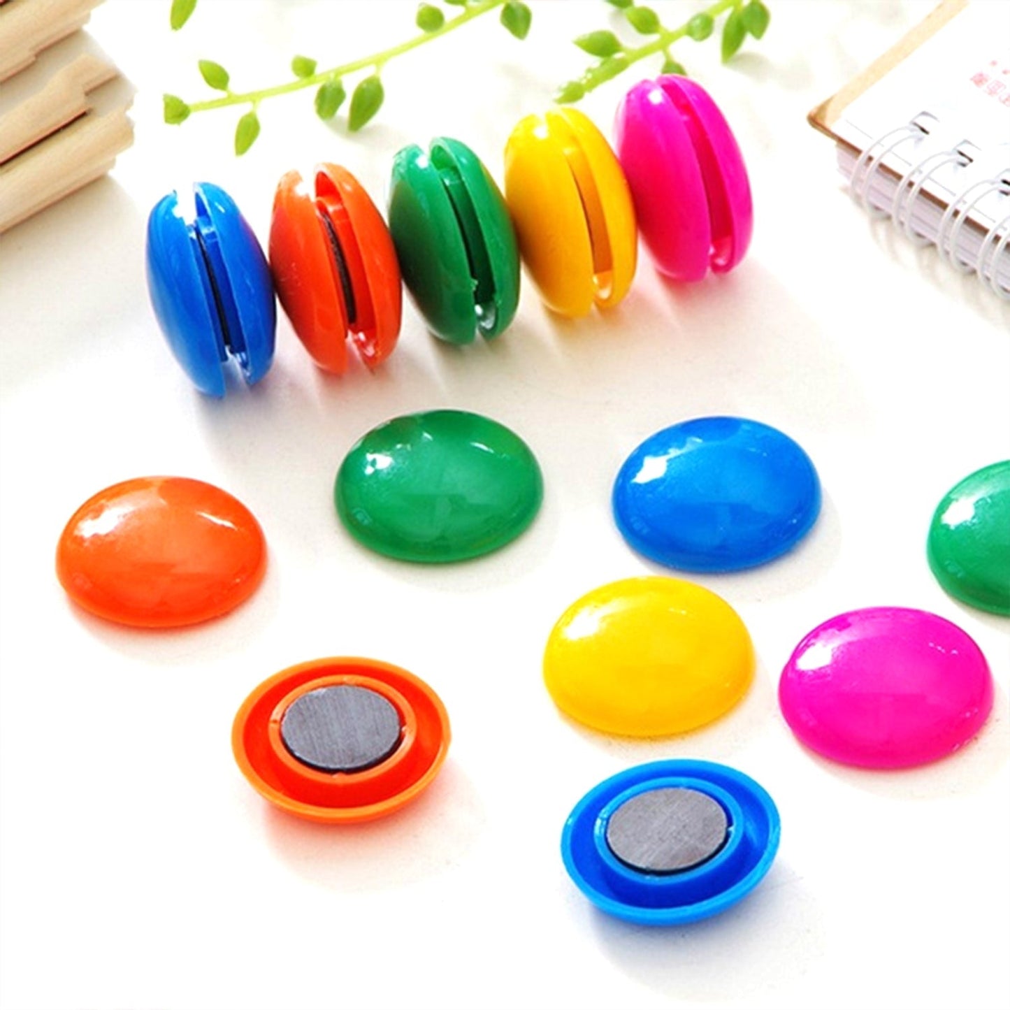 Close-up of vibrant round magnetic buttons for educational play.