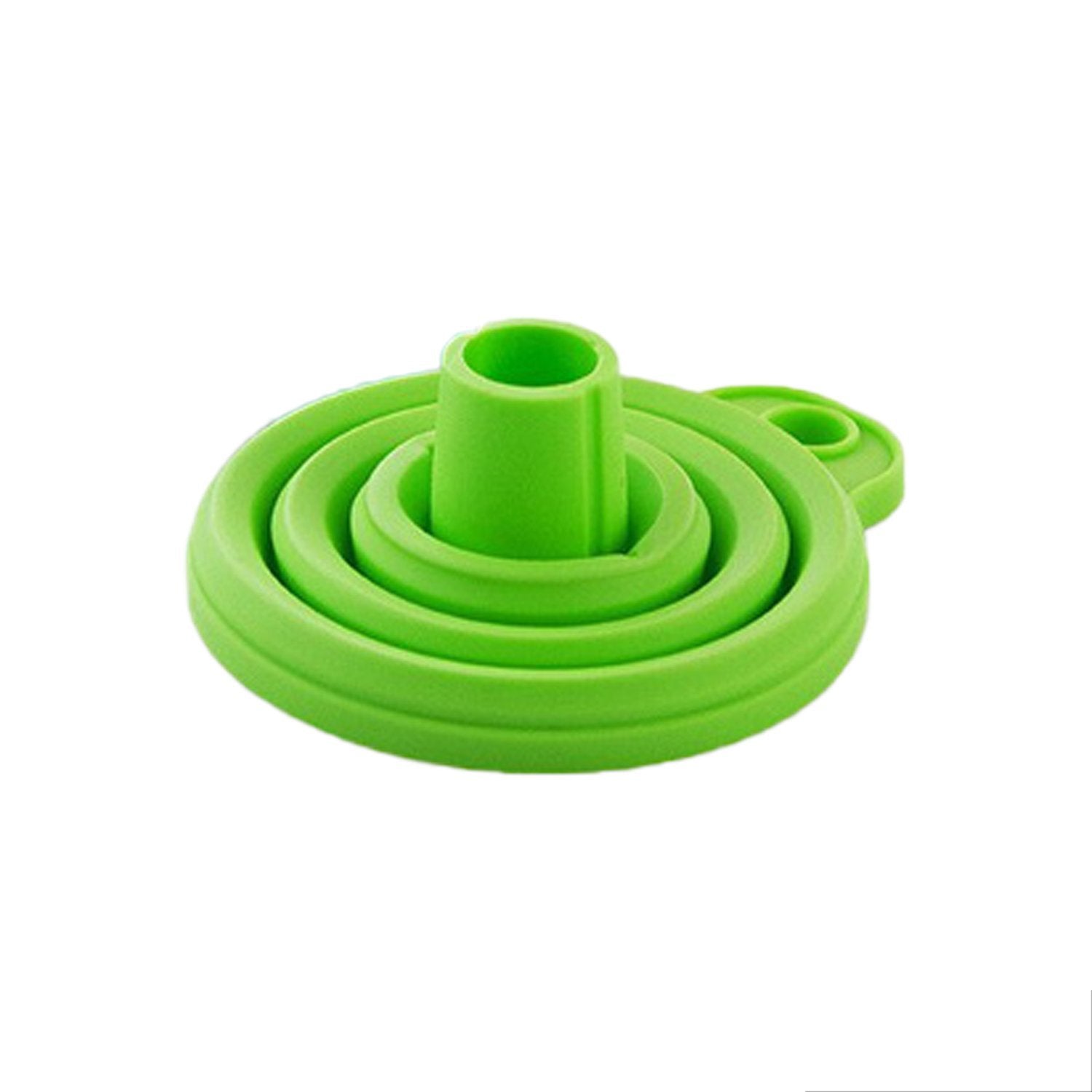 Compactly folded red silicone funnel, demonstrating its space-saving design.
