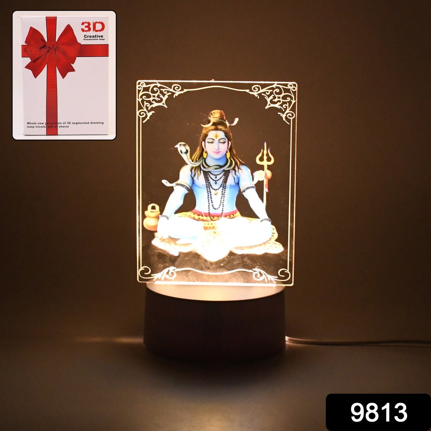 Close-up image of UV printed Lord Shiva 3D LED lamp on a table