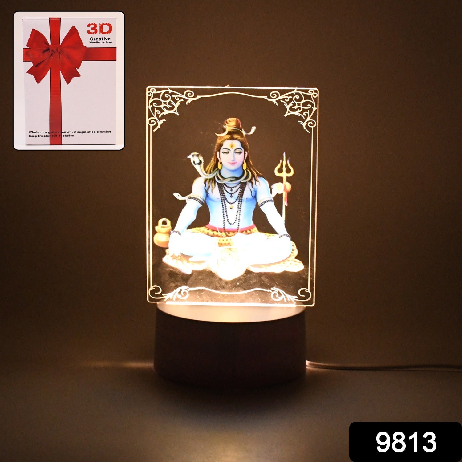 Close-up image of UV printed Lord Shiva 3D LED lamp on a table
