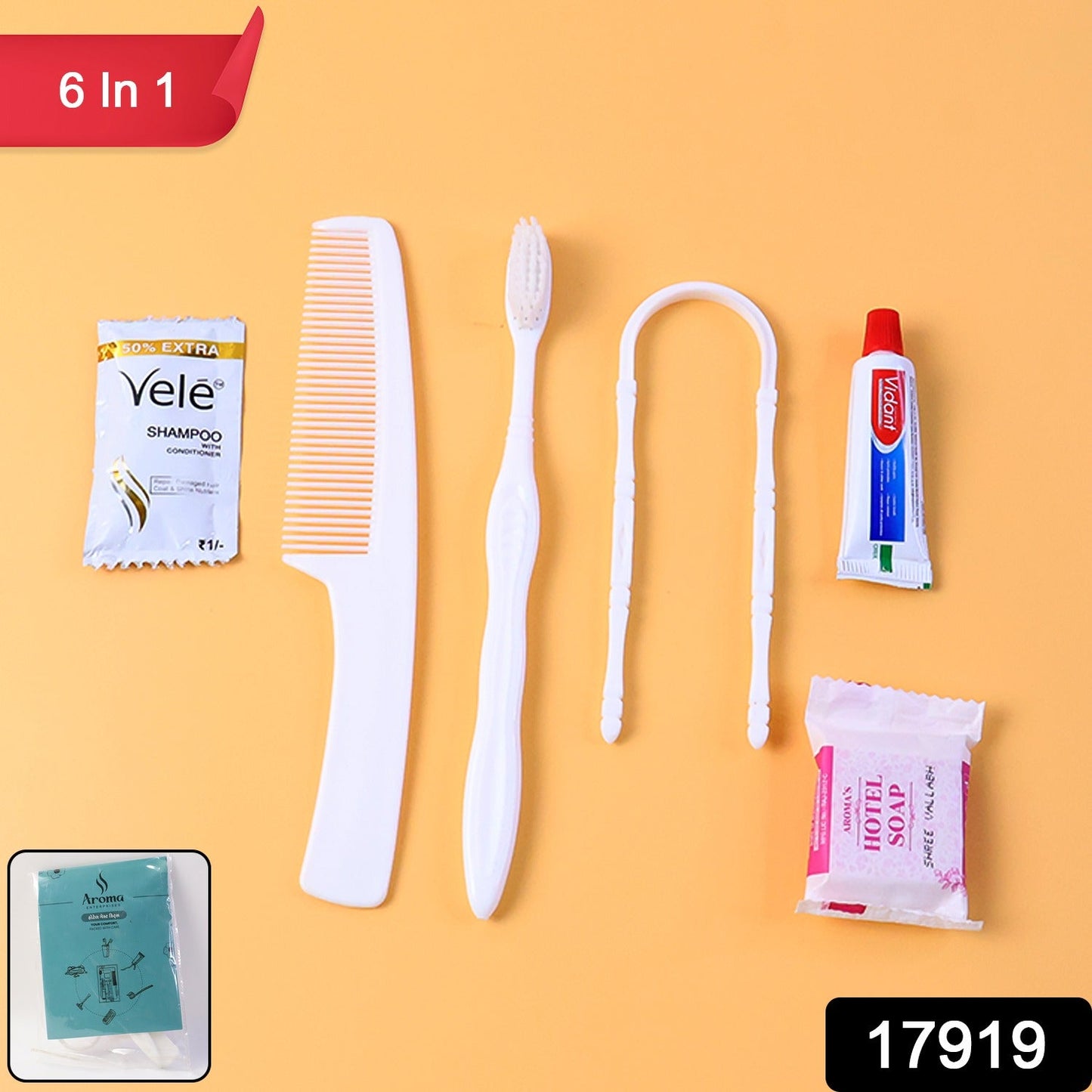 Contents of the 6-in-1 hotel guest toiletry kit laid out