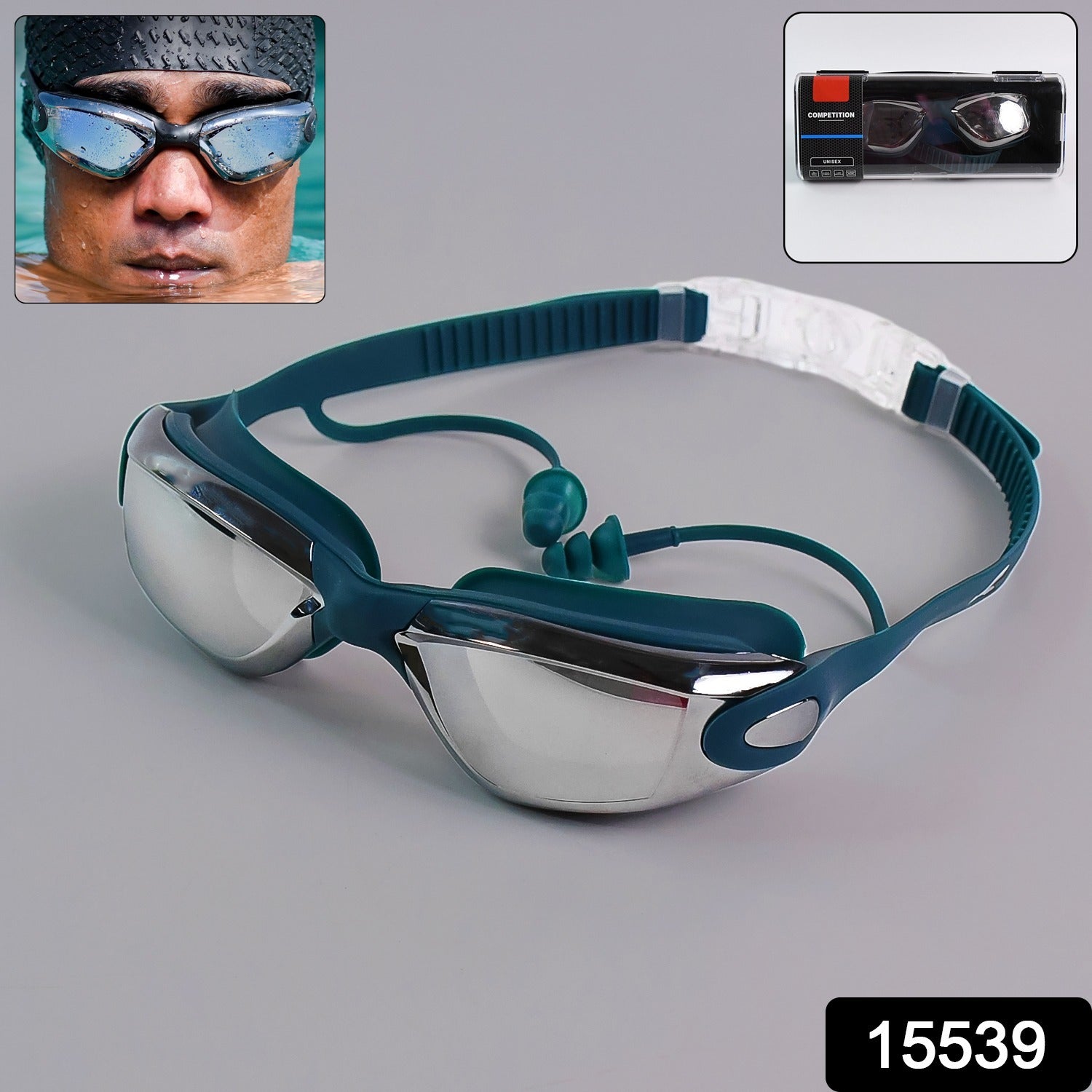 Close-up of UV protection mirrored lenses on anti-fog swimming goggles