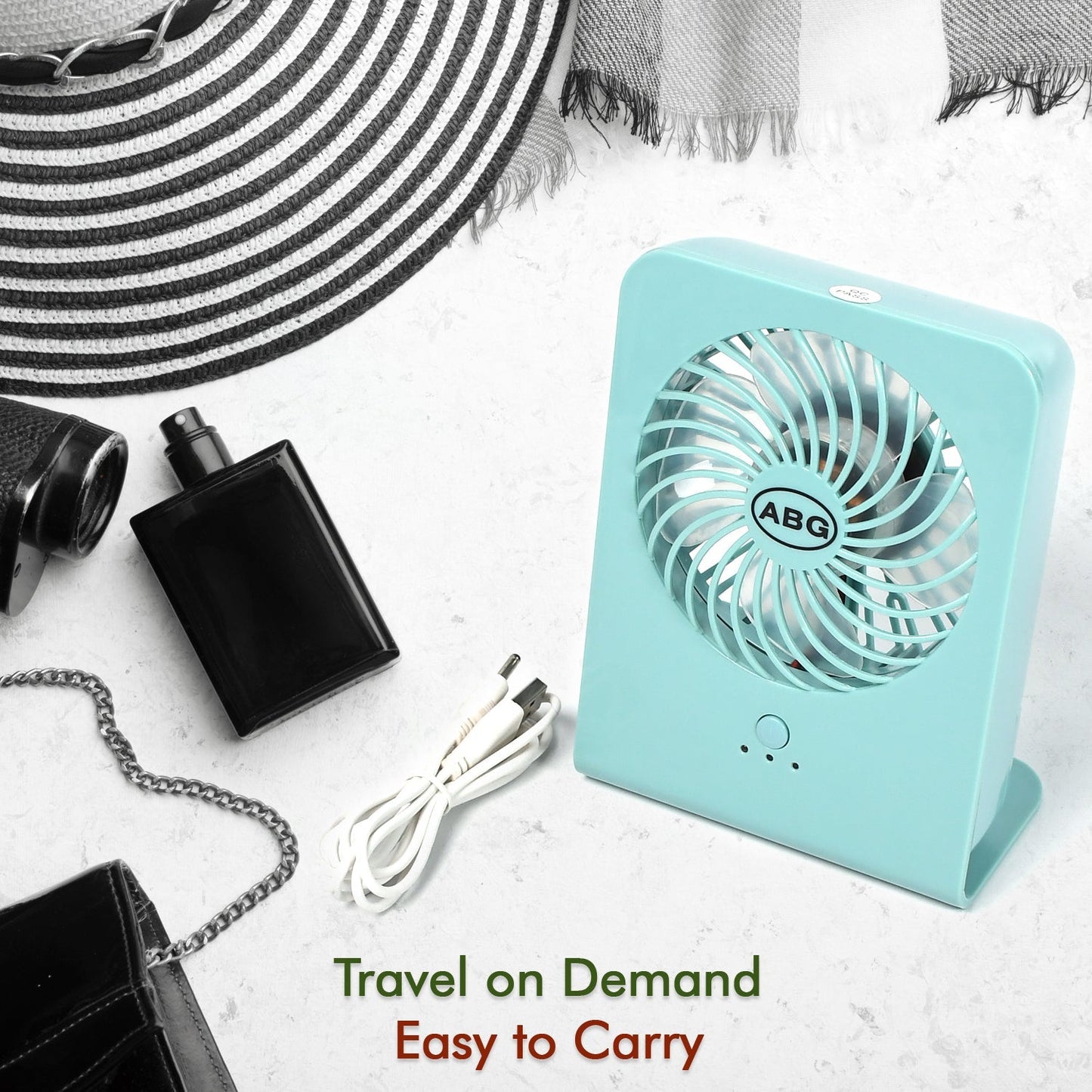 VoltDesk portable desk fan highlighting its convenient USB power cable.