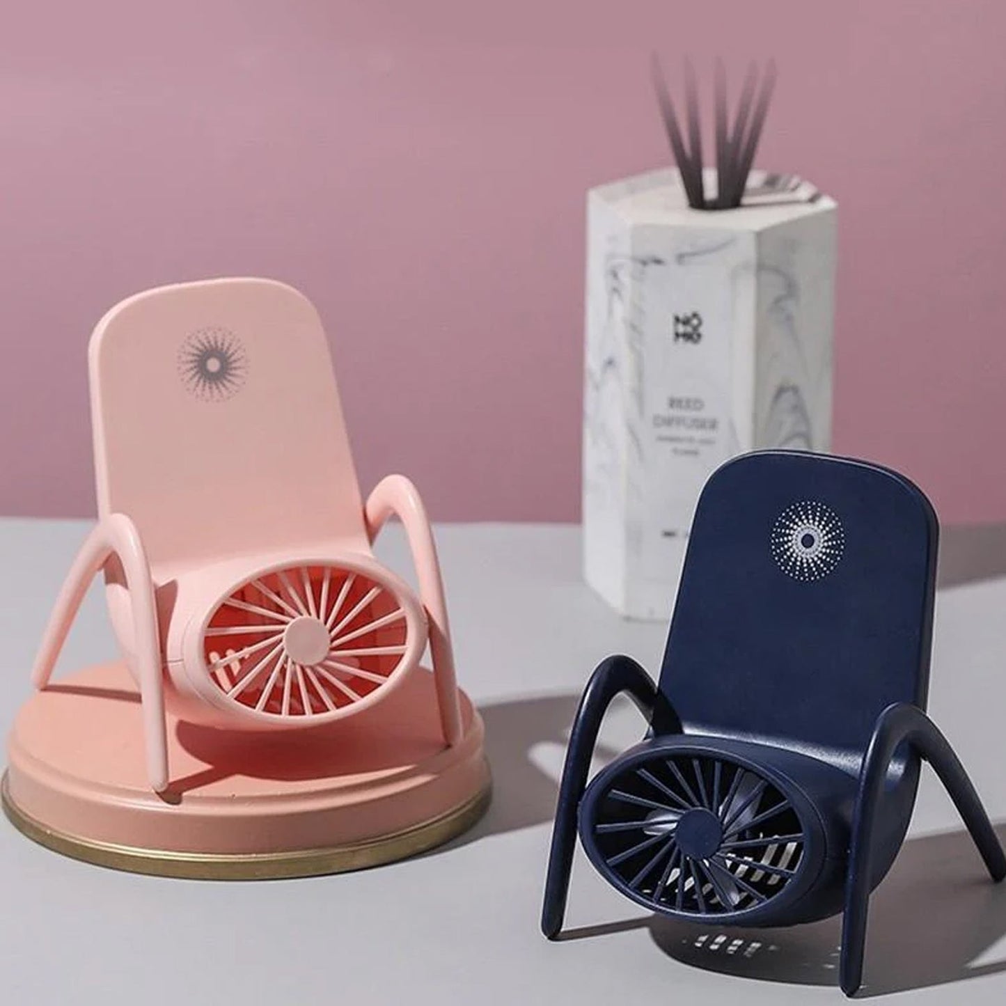 Portable Phone Holder Fan in white, showcasing its compact design and integrated stand.