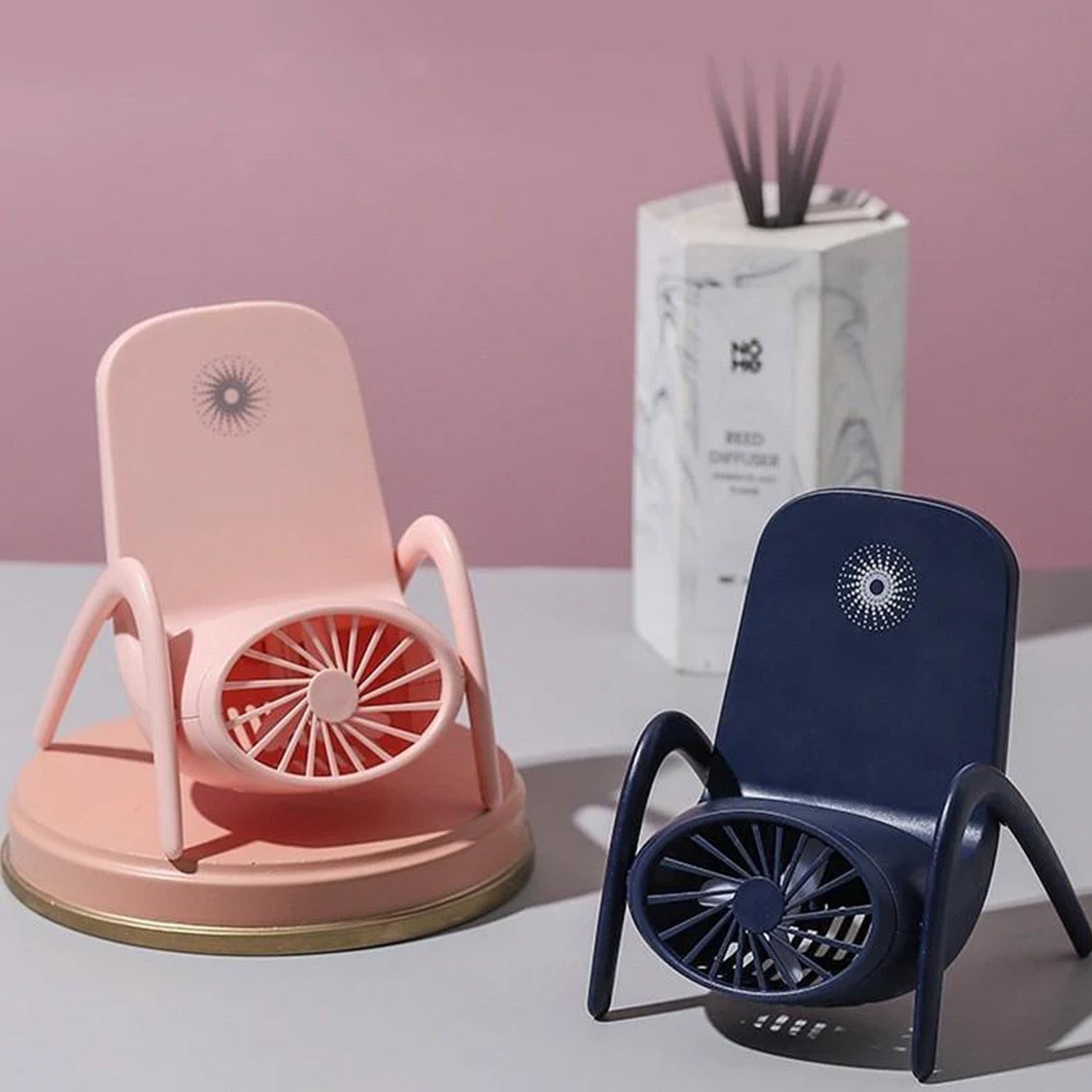 Portable Phone Holder Fan in white, showcasing its compact design and integrated stand.
