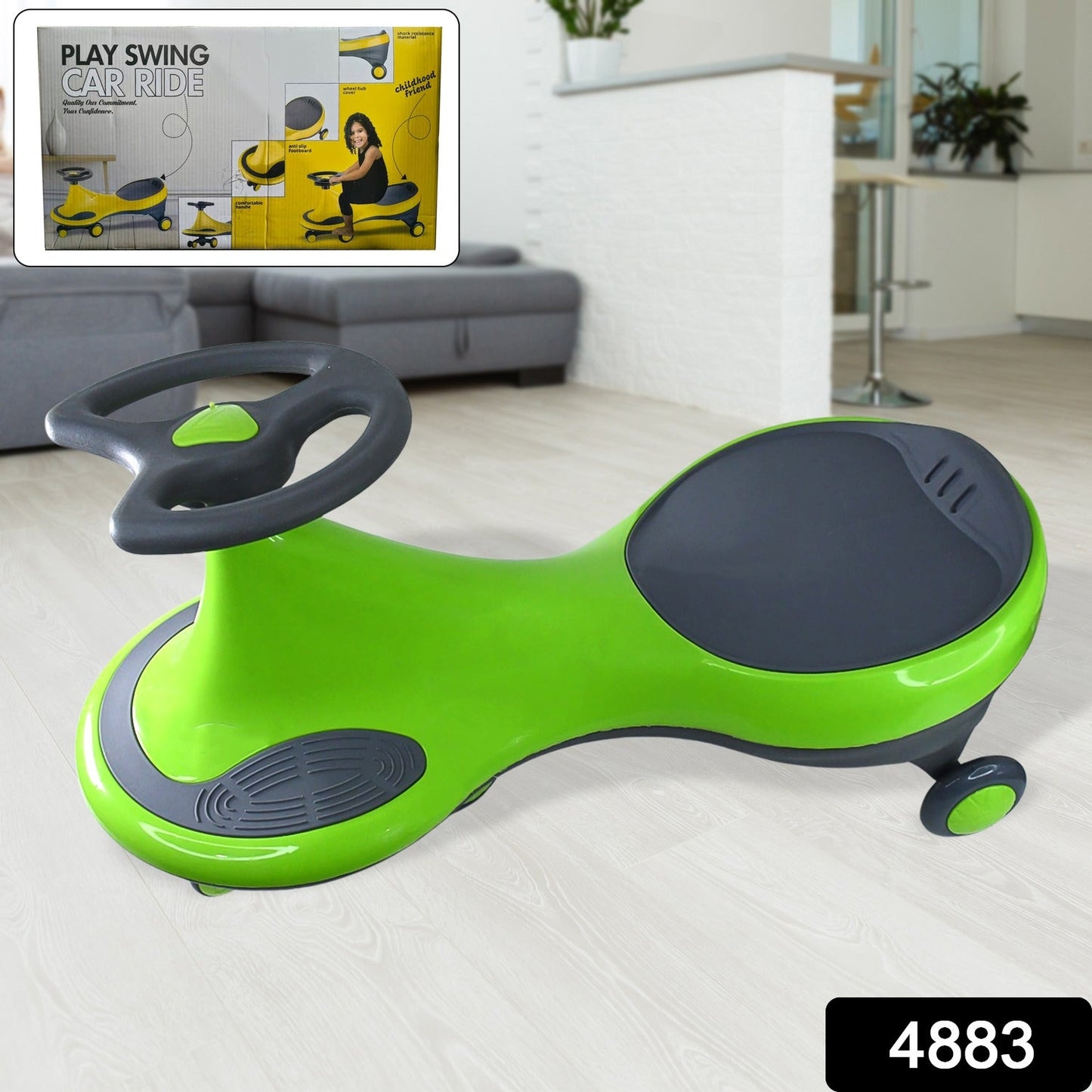 Side view of kids swing car featuring stable base and textured footrests