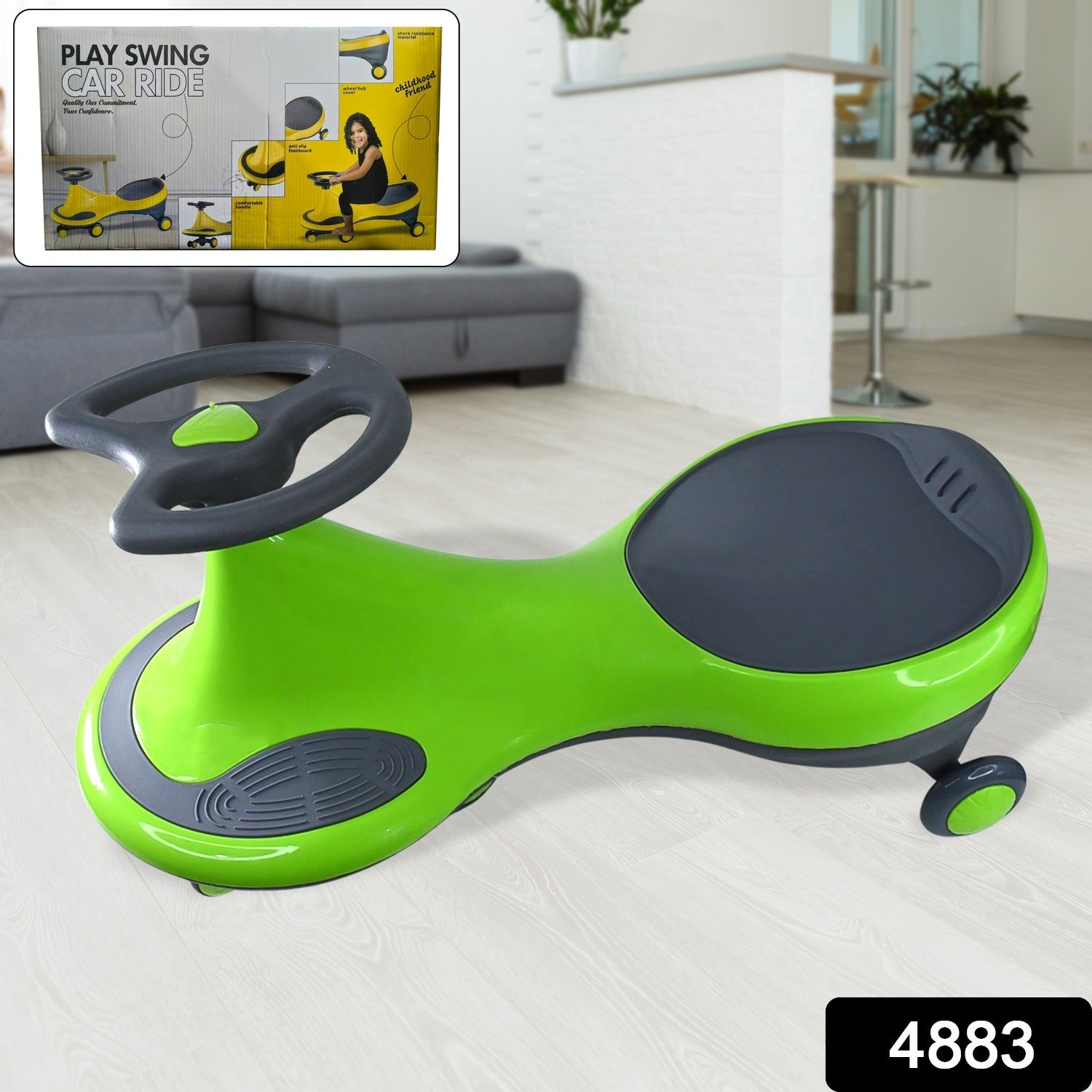 Side view of kids swing car featuring stable base and textured footrests