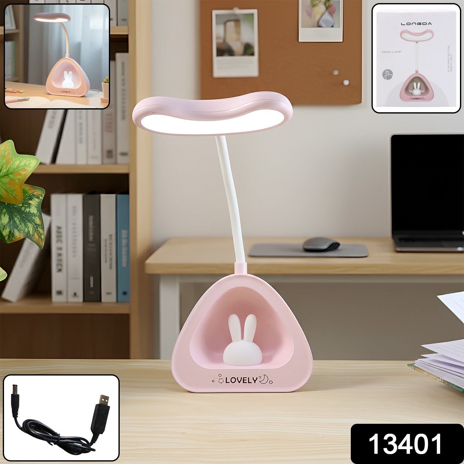 Adjustable LED desk lamp illuminating a study setup
