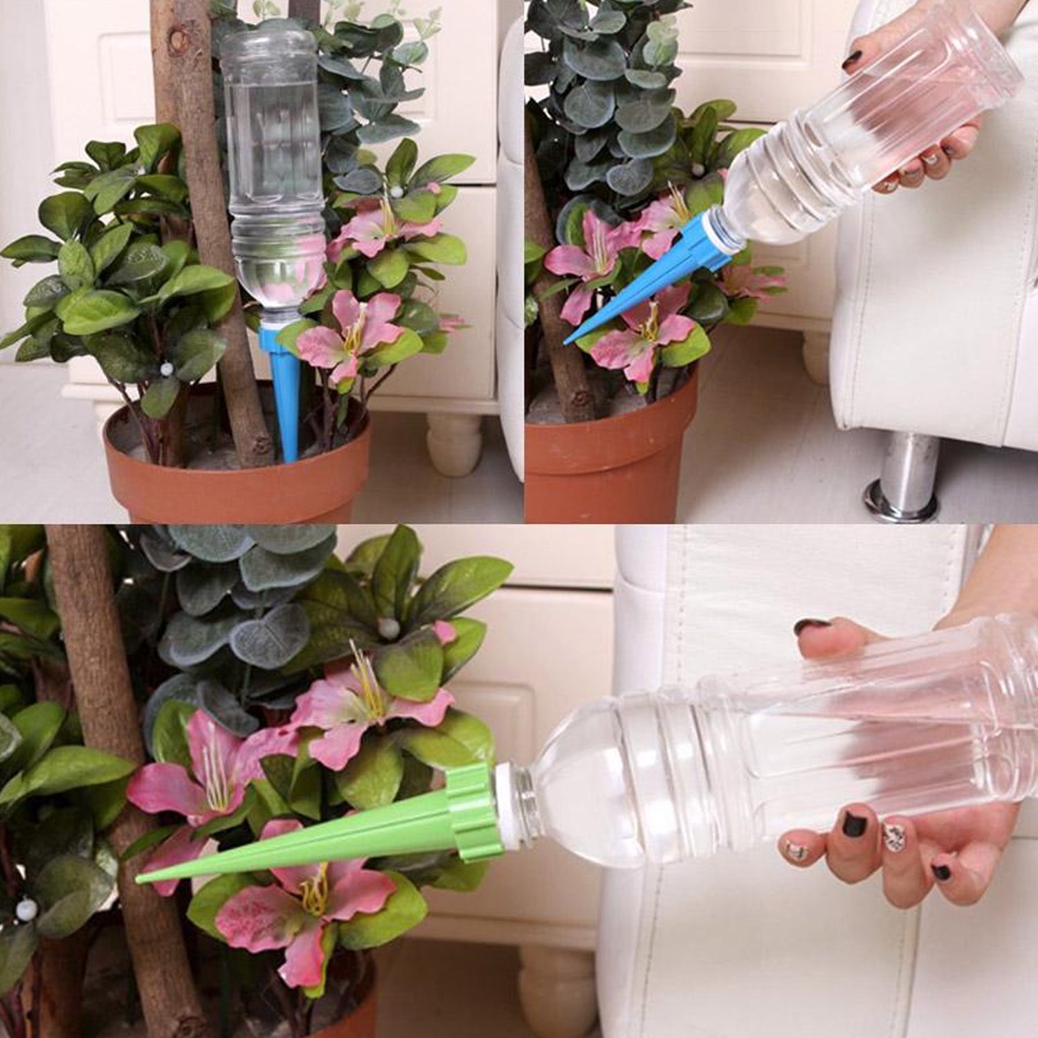 An automatic plant watering spike perfectly hydrating a vibrant flowering plant.