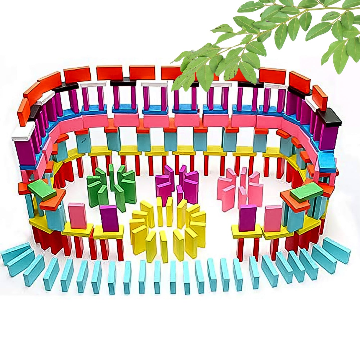 Artistic arrangement of 120 Pcs colorful wooden domino blocks on a surface.