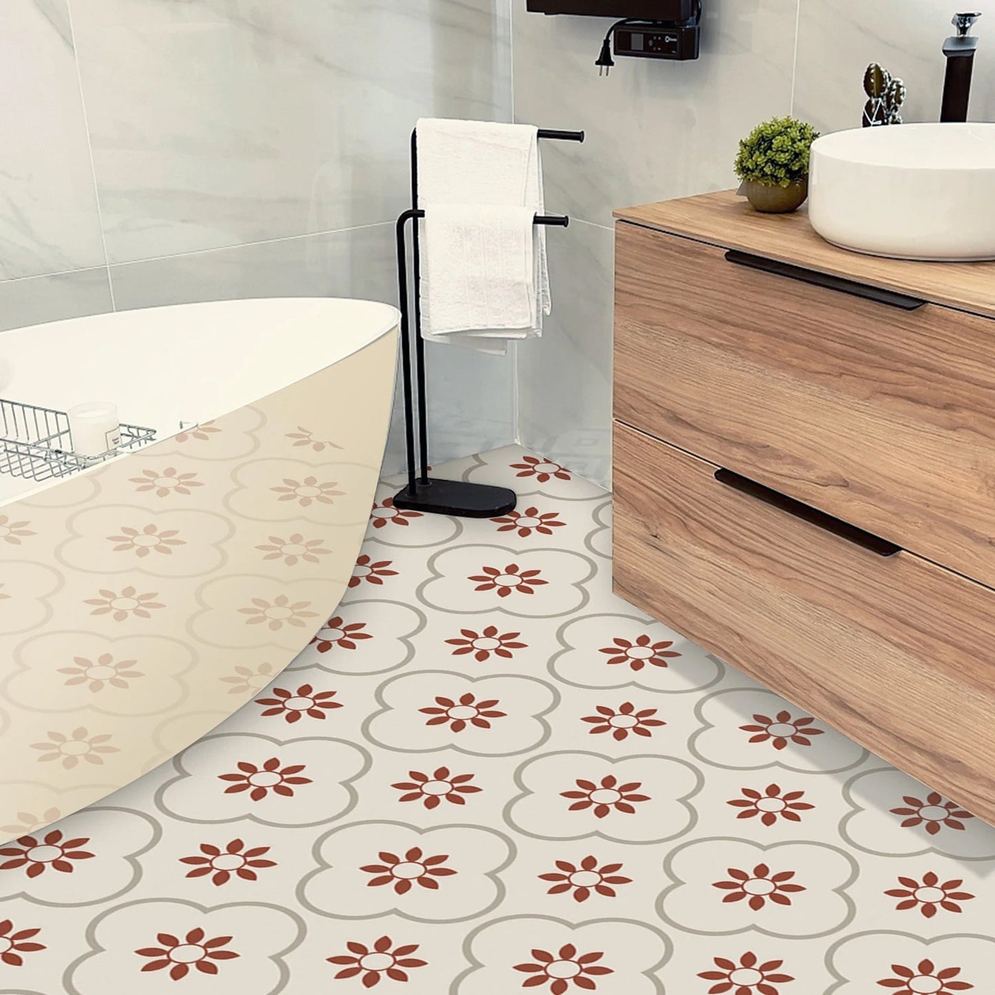 Demonstrating the easy-to-clean, waterproof surface of the tile sticker.