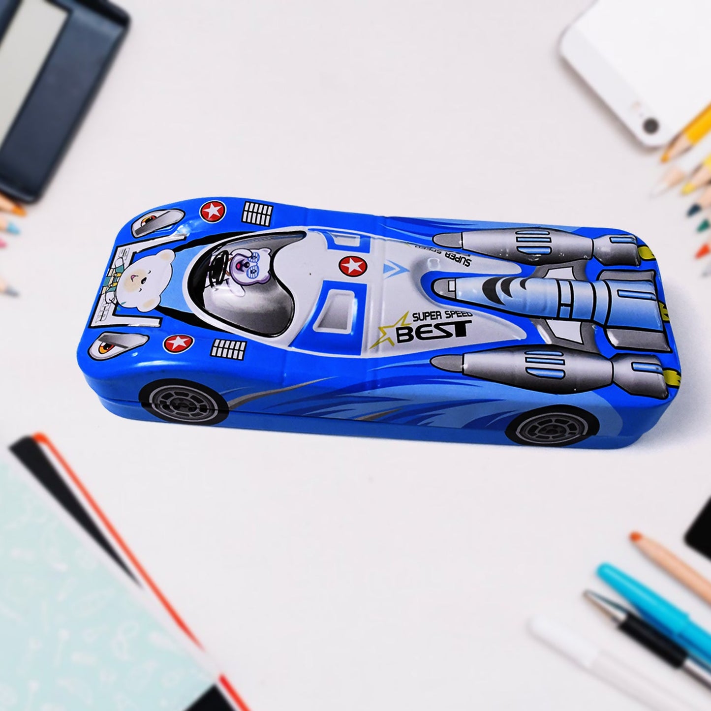 Interior view of the car shape compass box, neatly organizing pencils and erasers.