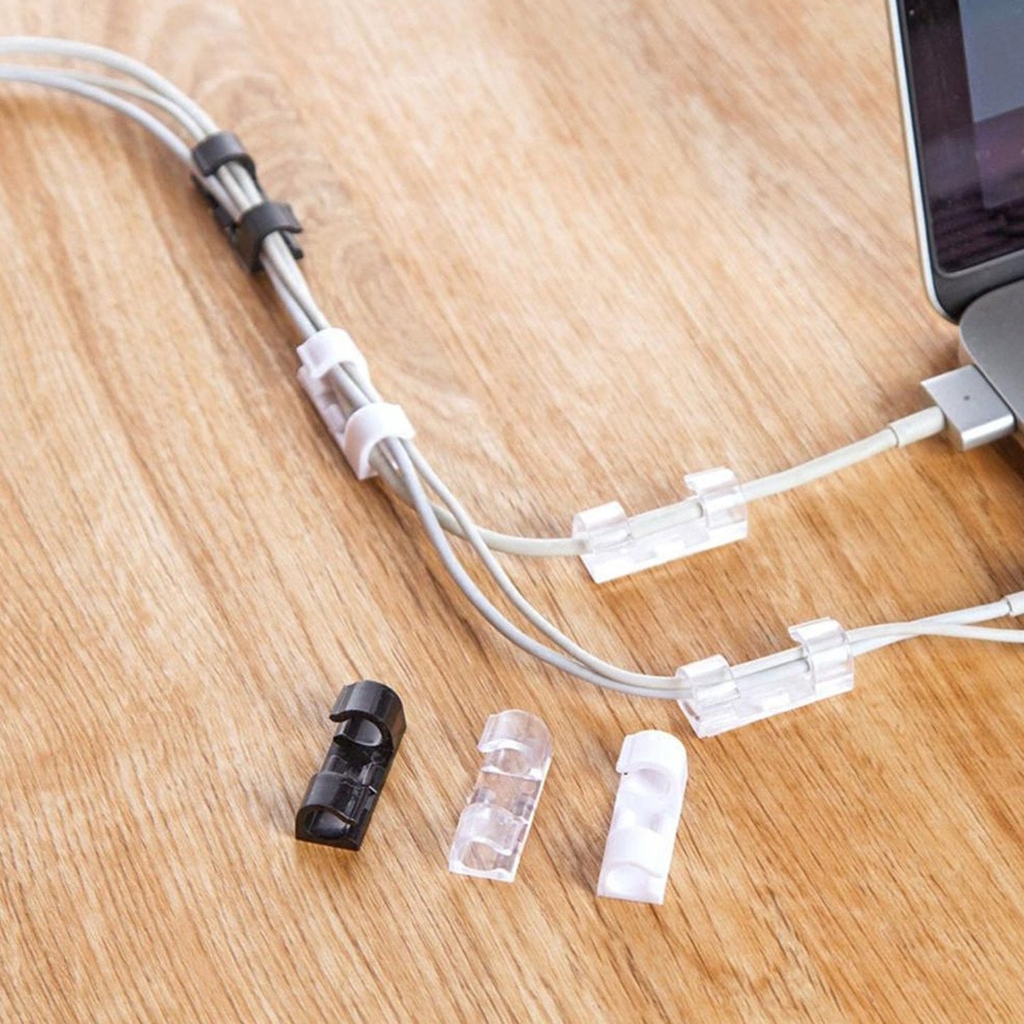 A pack of self-adhesive cable cord clips displayed for easy viewing.