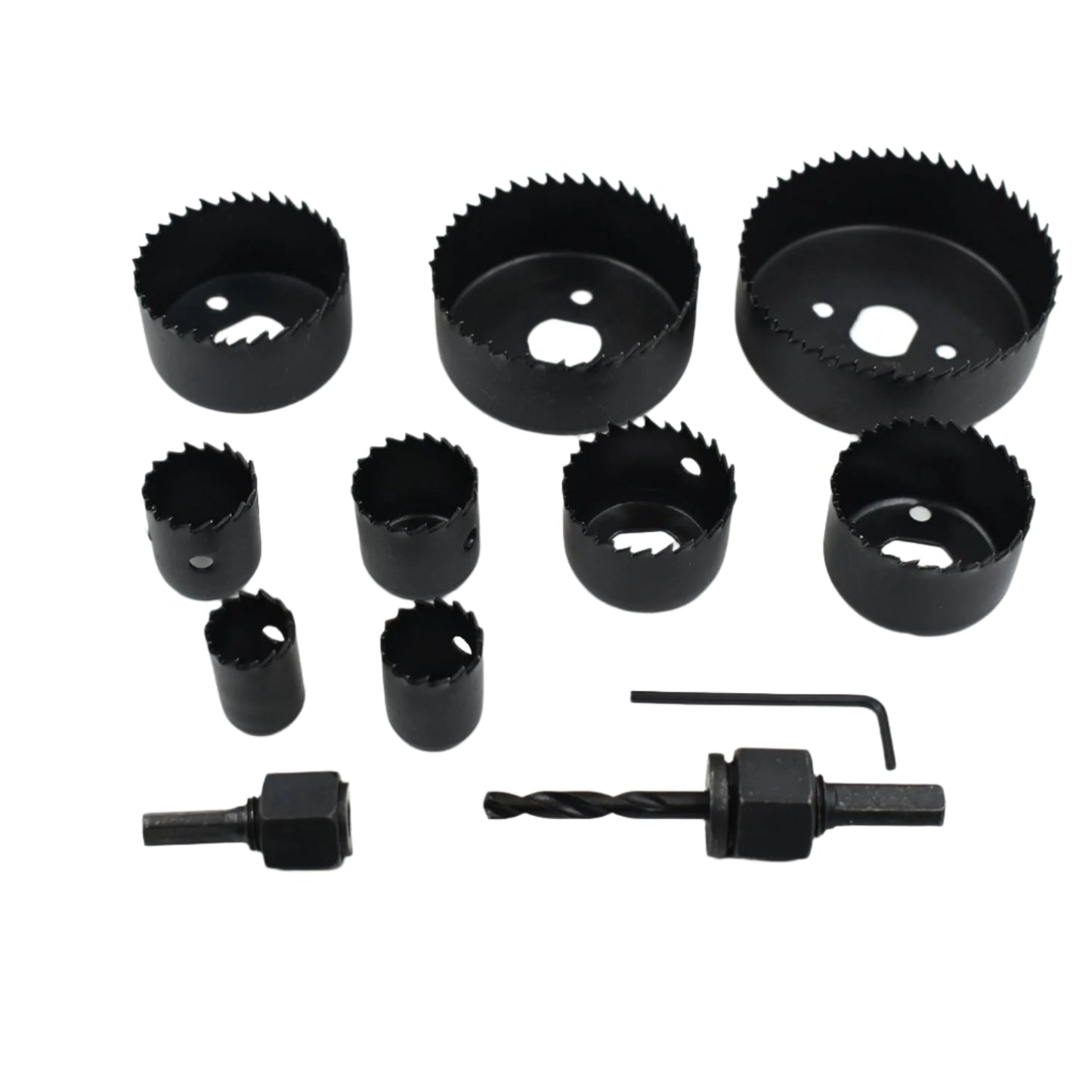 Complete 12-piece hole saw kit with various carbon steel bits for wood drilling.