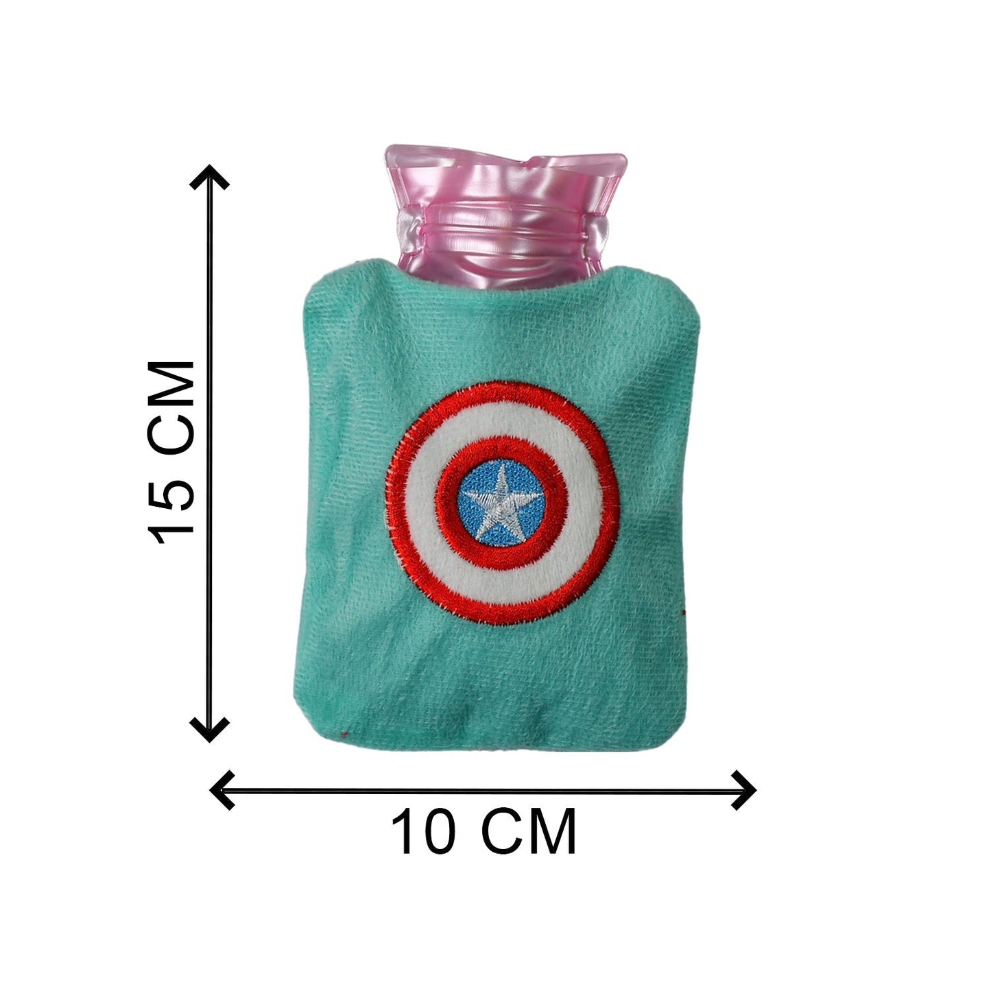 Captain America hot water bag with its cover, perfect for menstrual cramp relief.