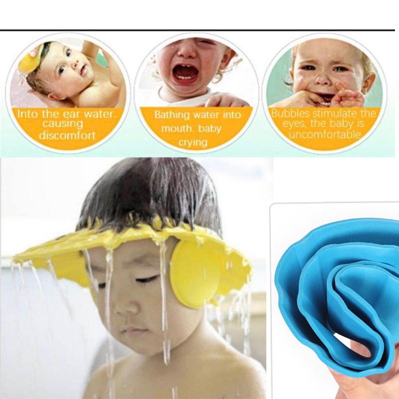 Adjustable baby shower cap featuring an elastic band for various head sizes.