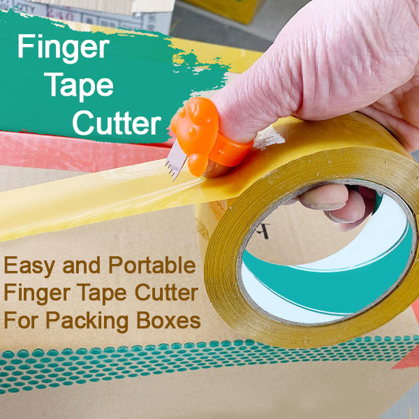 A hand demonstrating the comfortable fit of the Finger Tape Cutter for packing boxes.