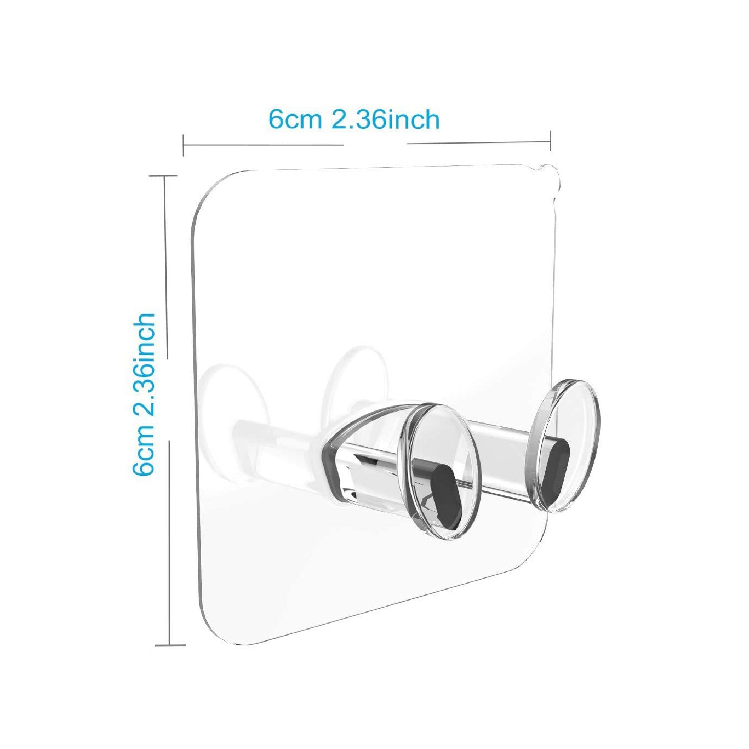 Multi-use transparent wall storage hooks installed in a bathroom, holding bath towels.