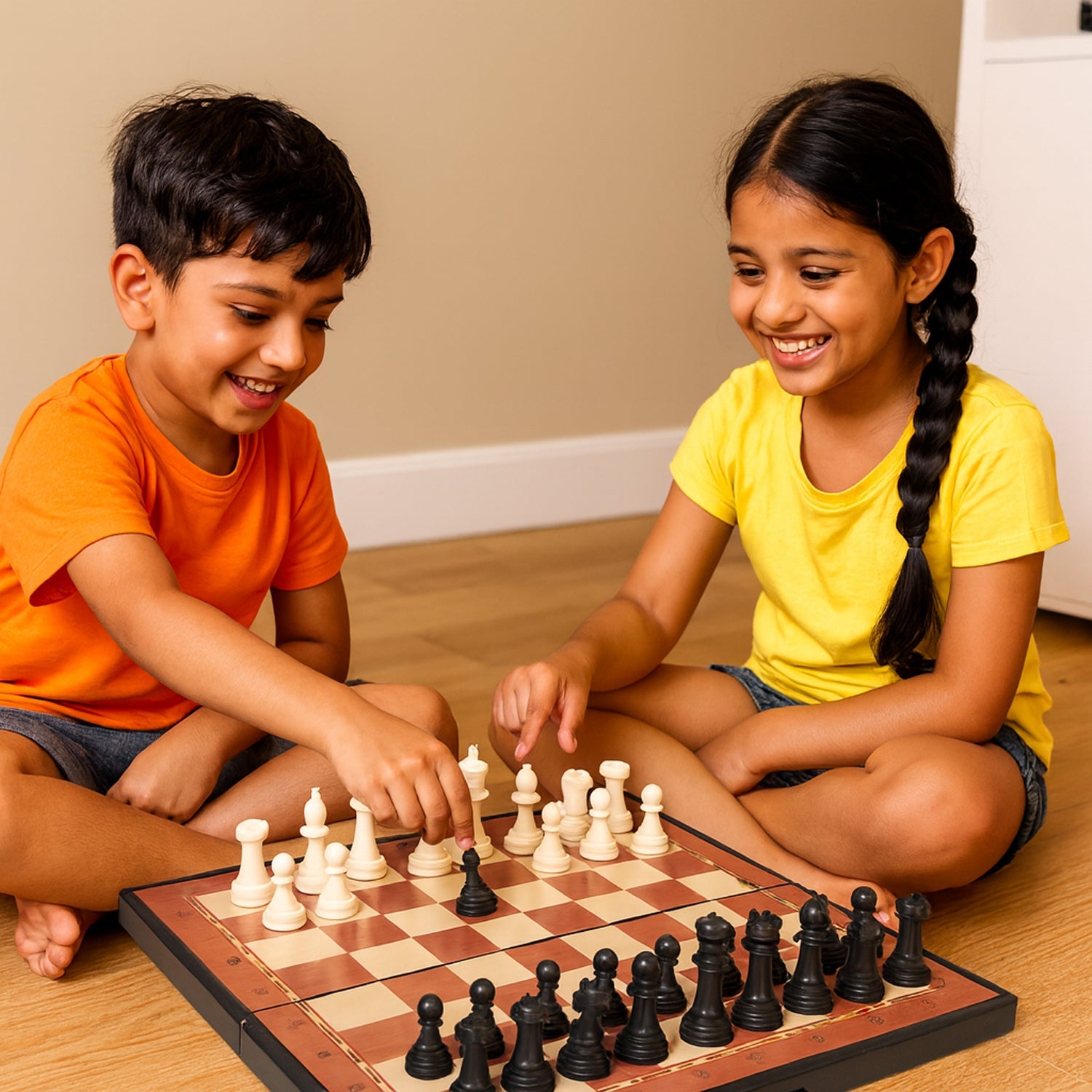Players enjoying a game with foldable portable chess set