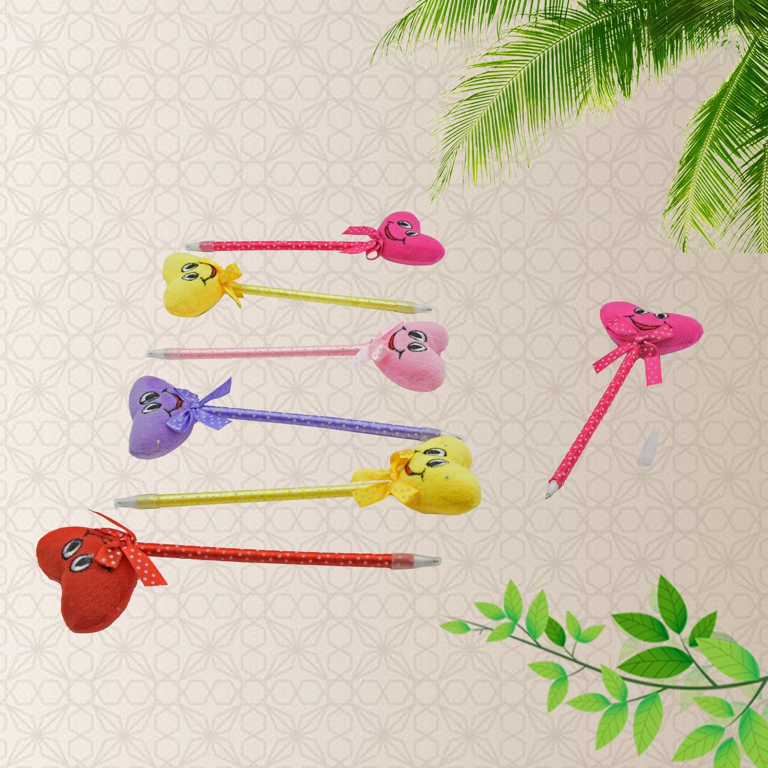 Assortment of cartoon and heart-themed ballpoint pens neatly arranged.