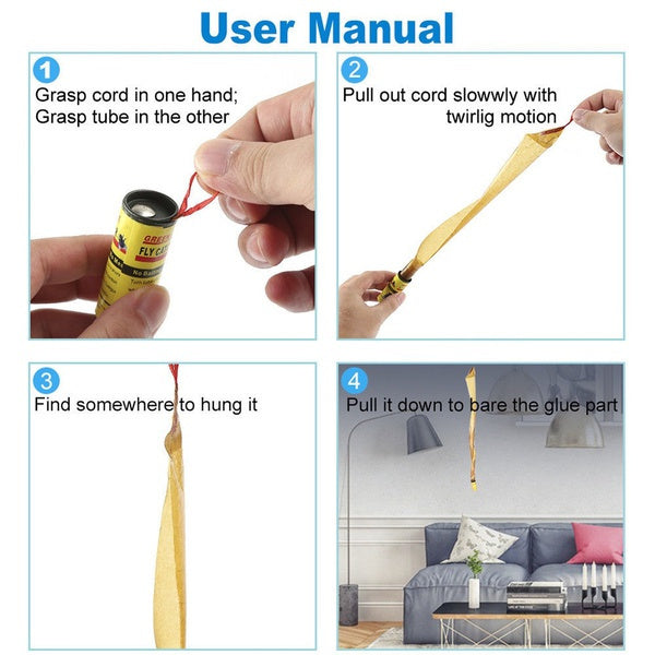 Multiple adhesive fly catcher sticky strips in different indoor locations.