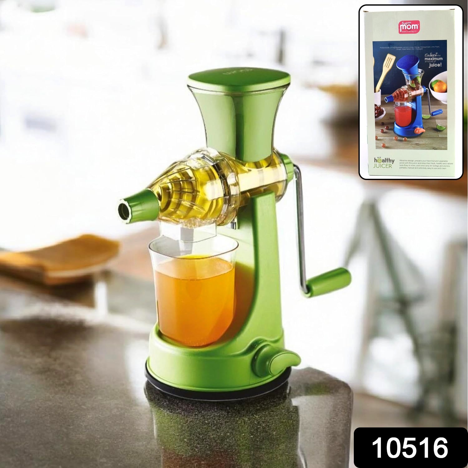 Close-up of hand press operation on manual fruit juicer