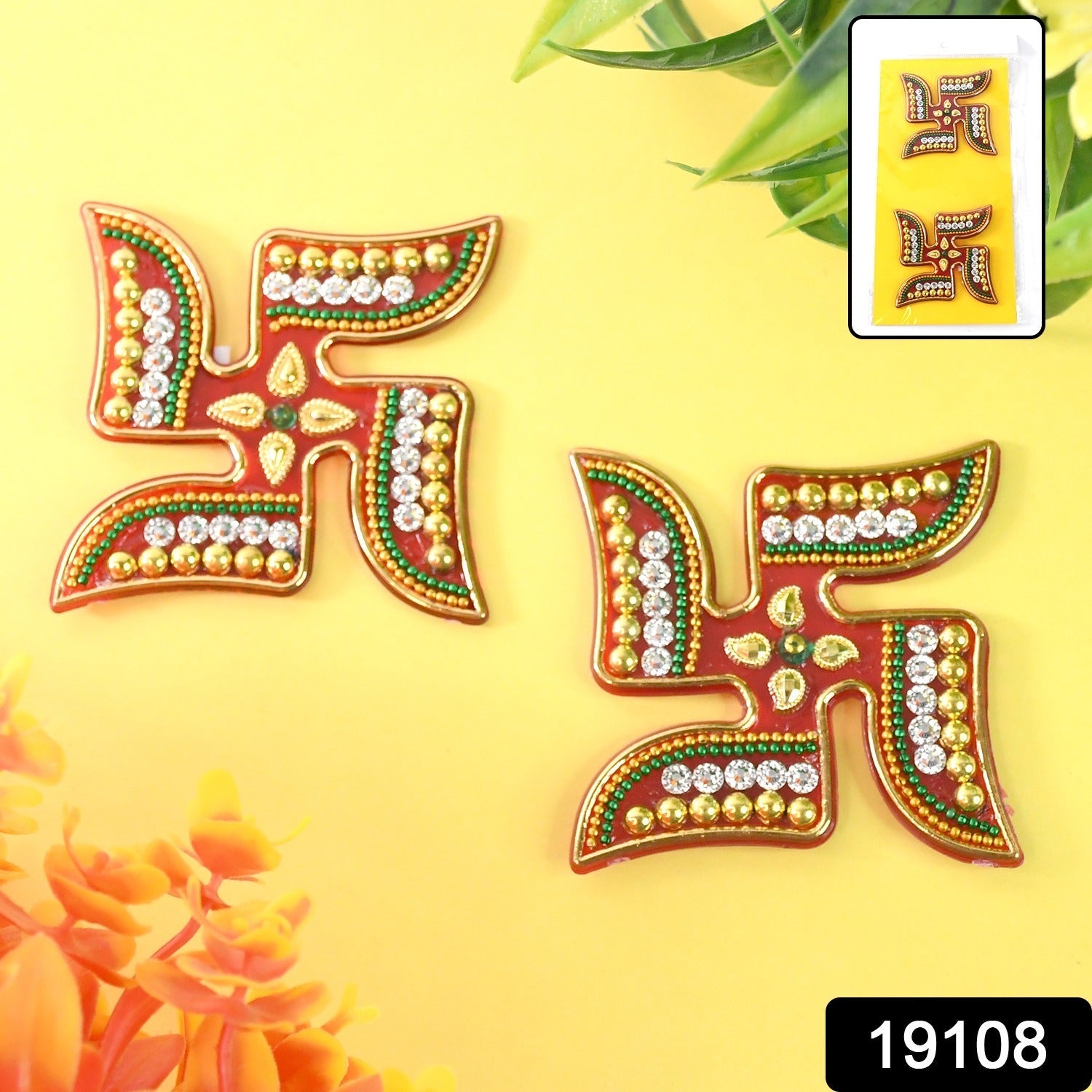 Close-up of Swastik Wall Decal showing intricate acrylic and rhinestone design