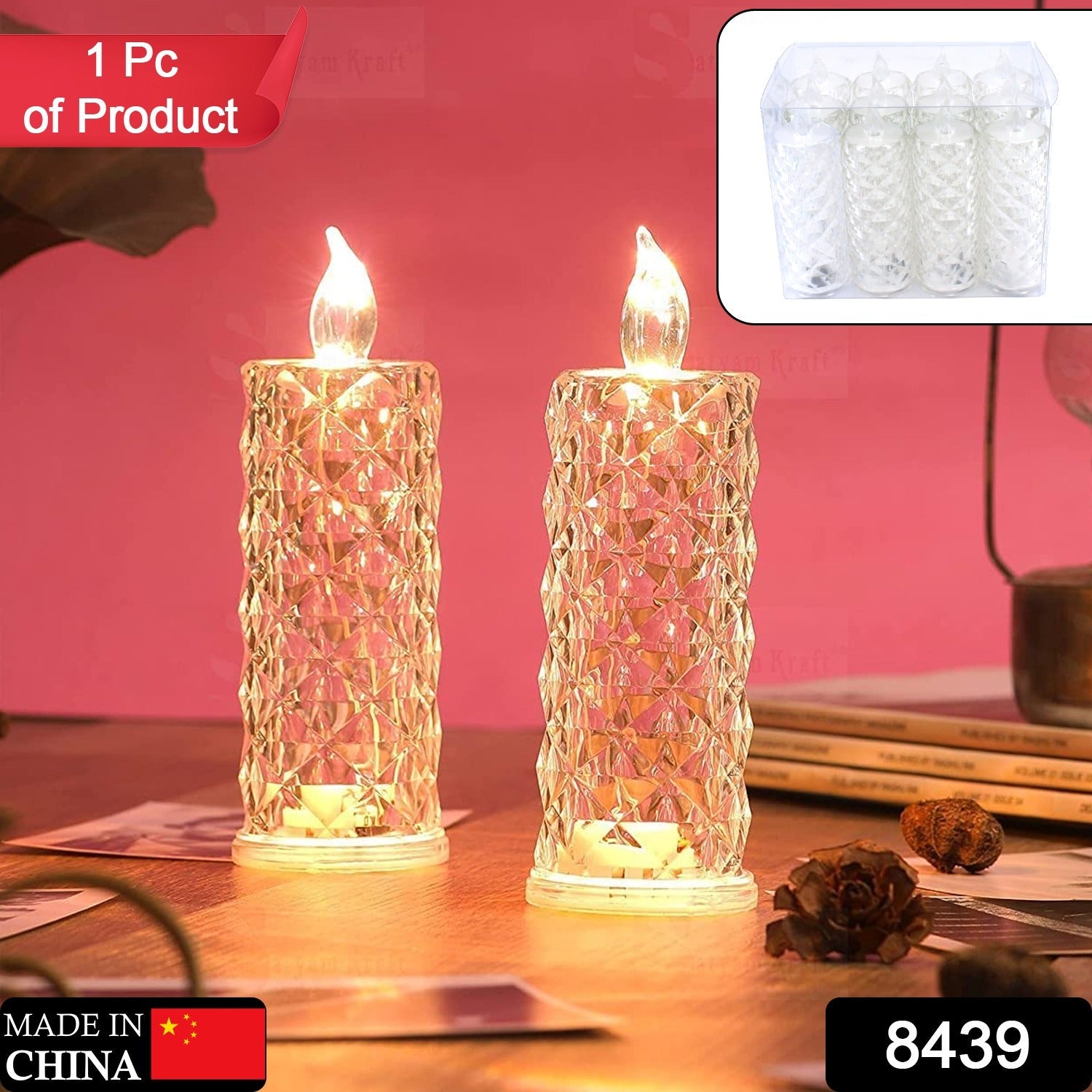 Elegant LED rose candle in transparent acrylic, perfect for home decor.